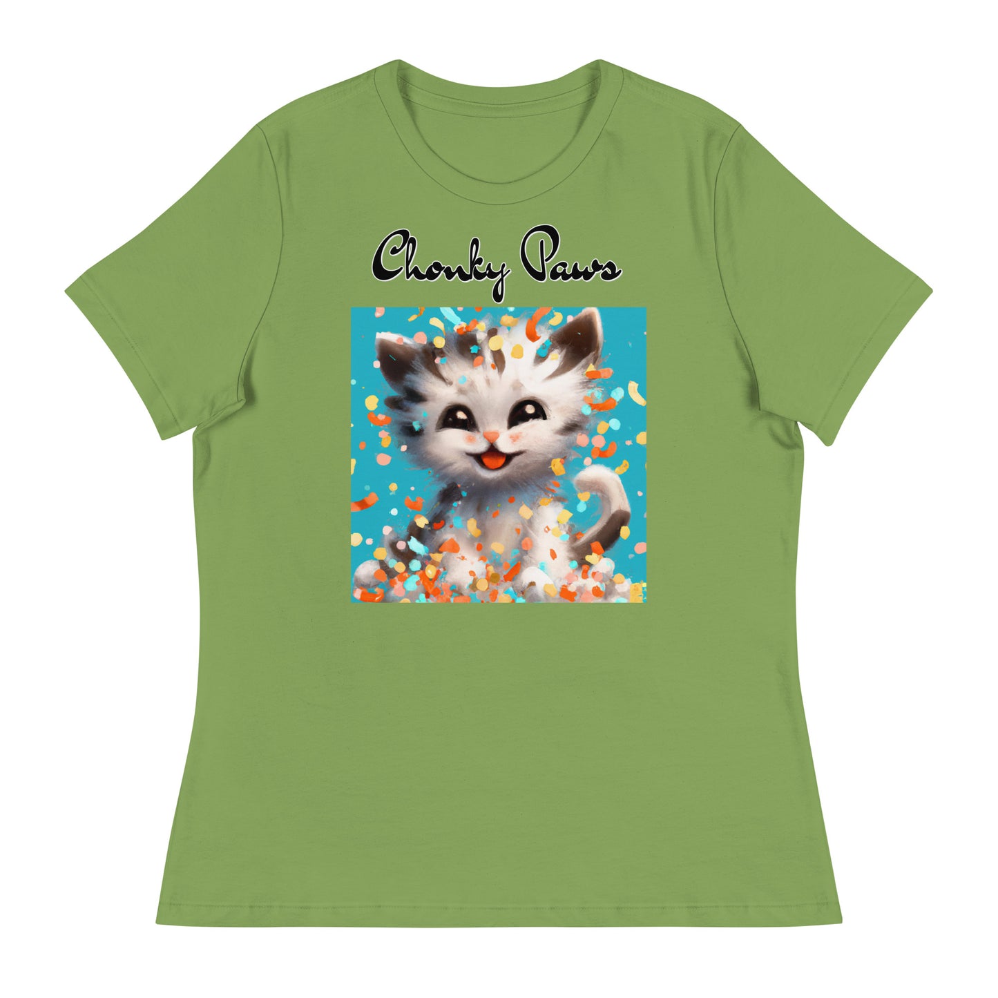 Women's T-Shirt with Happy Kitten With Confetti with a text "Chonky Paws" at $25.97 found at Personalizedpetlovergifts