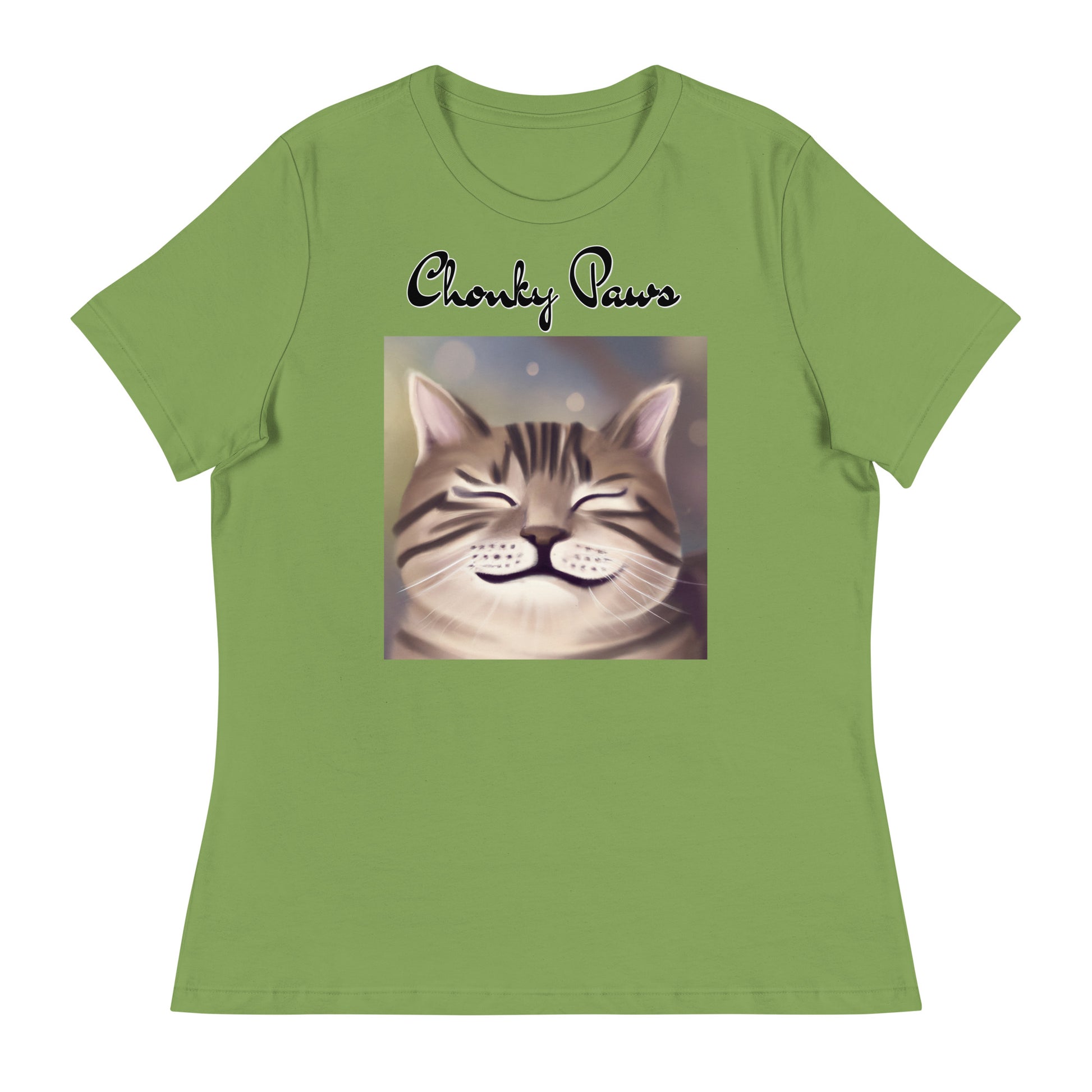 Women's T-Shirt with Happy Cat Purring with a text "Chonky Paws" at $25.97 found at Personalizedpetlovergifts