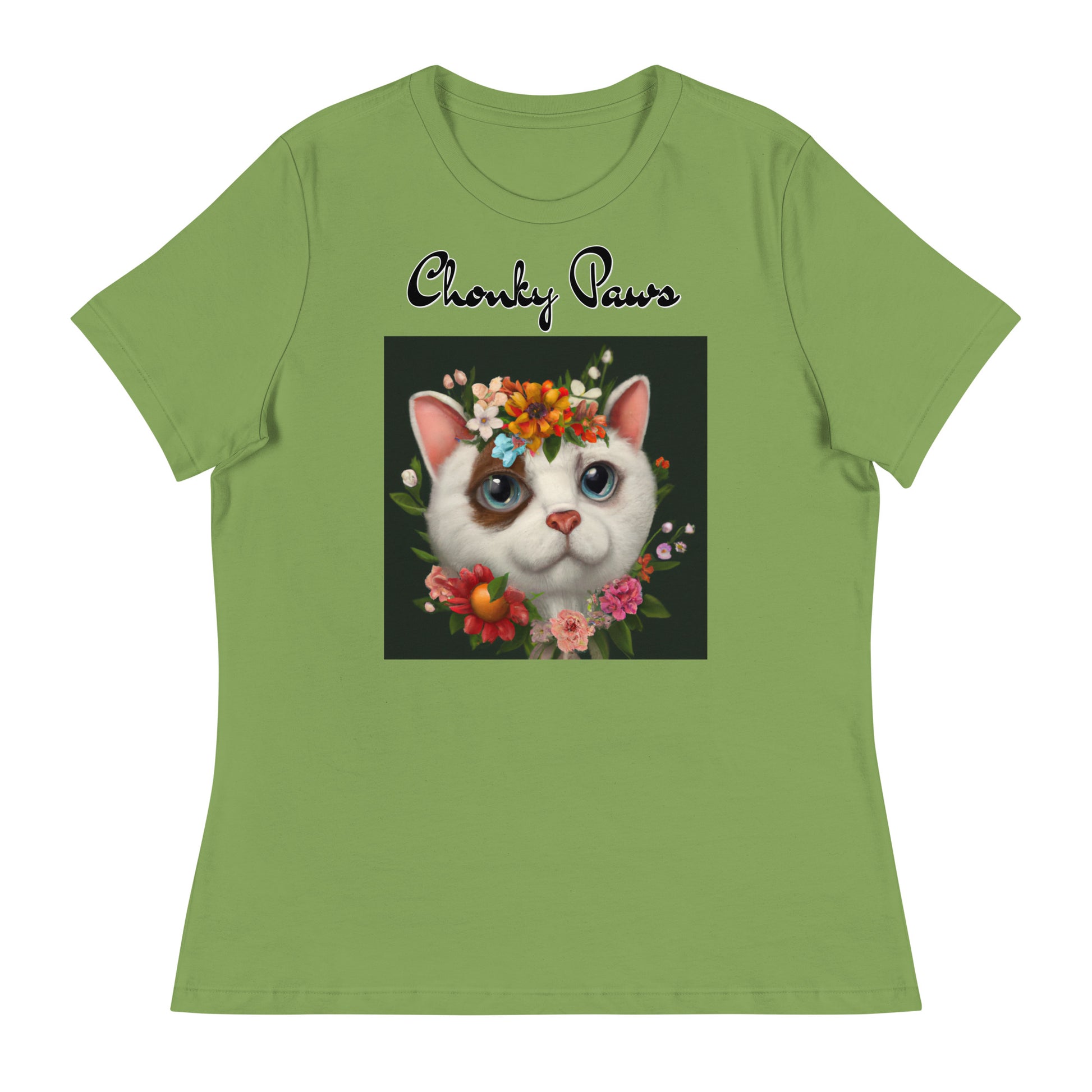 Women's T-Shirt with Happy Cat Portrait With Flowers with a text "Chonky Paws" at $25.97 found at Personalizedpetlovergifts