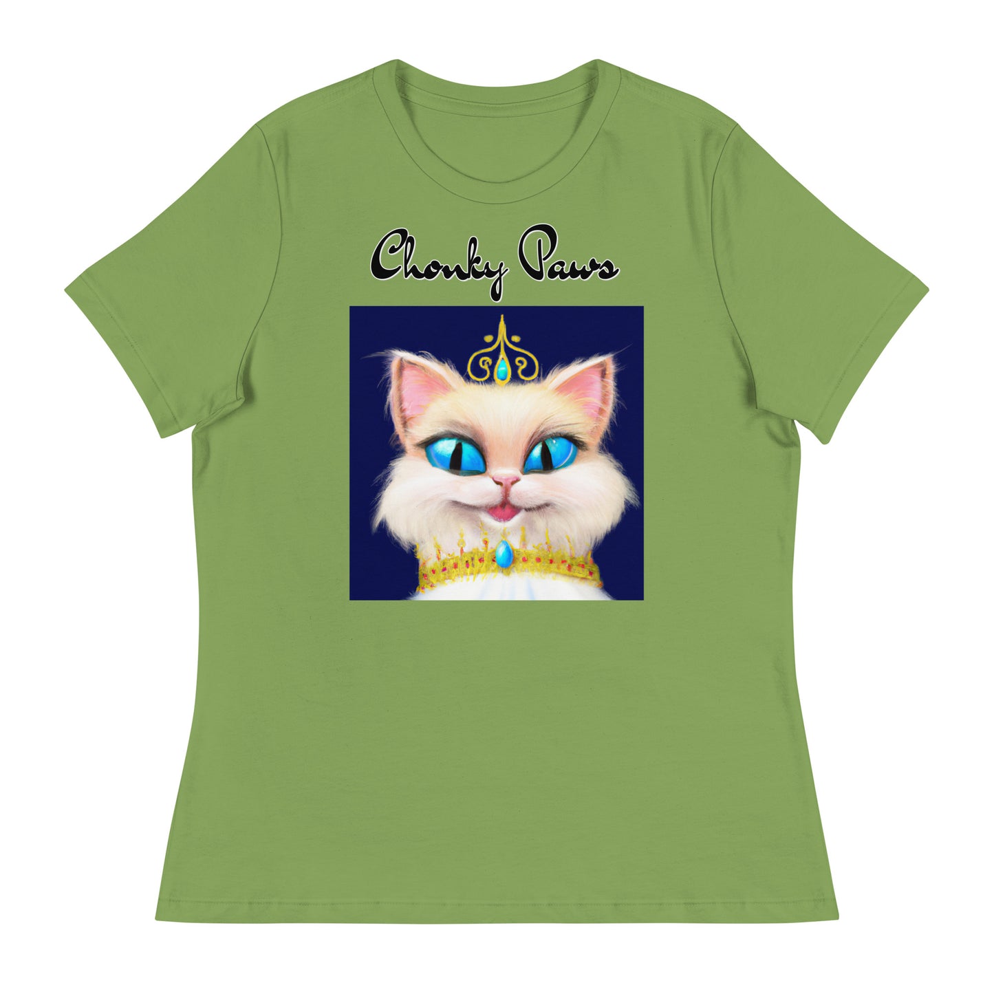 Women's T-Shirt with Happy Blue Eyed Kitten Princess with a text "Chonky Paws" at $25.97 found at Personalizedpetlovergifts