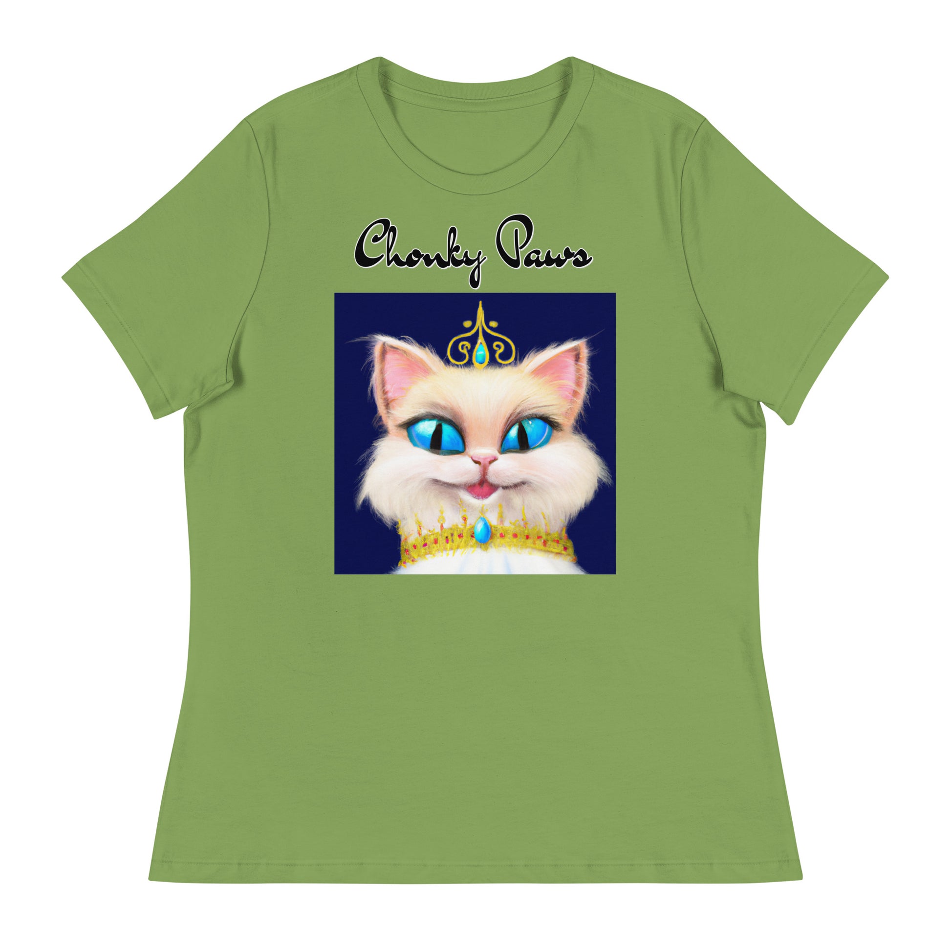 Women's T-Shirt with Happy Blue Eyed Kitten Princess with a text "Chonky Paws" at $25.97 found at Personalizedpetlovergifts