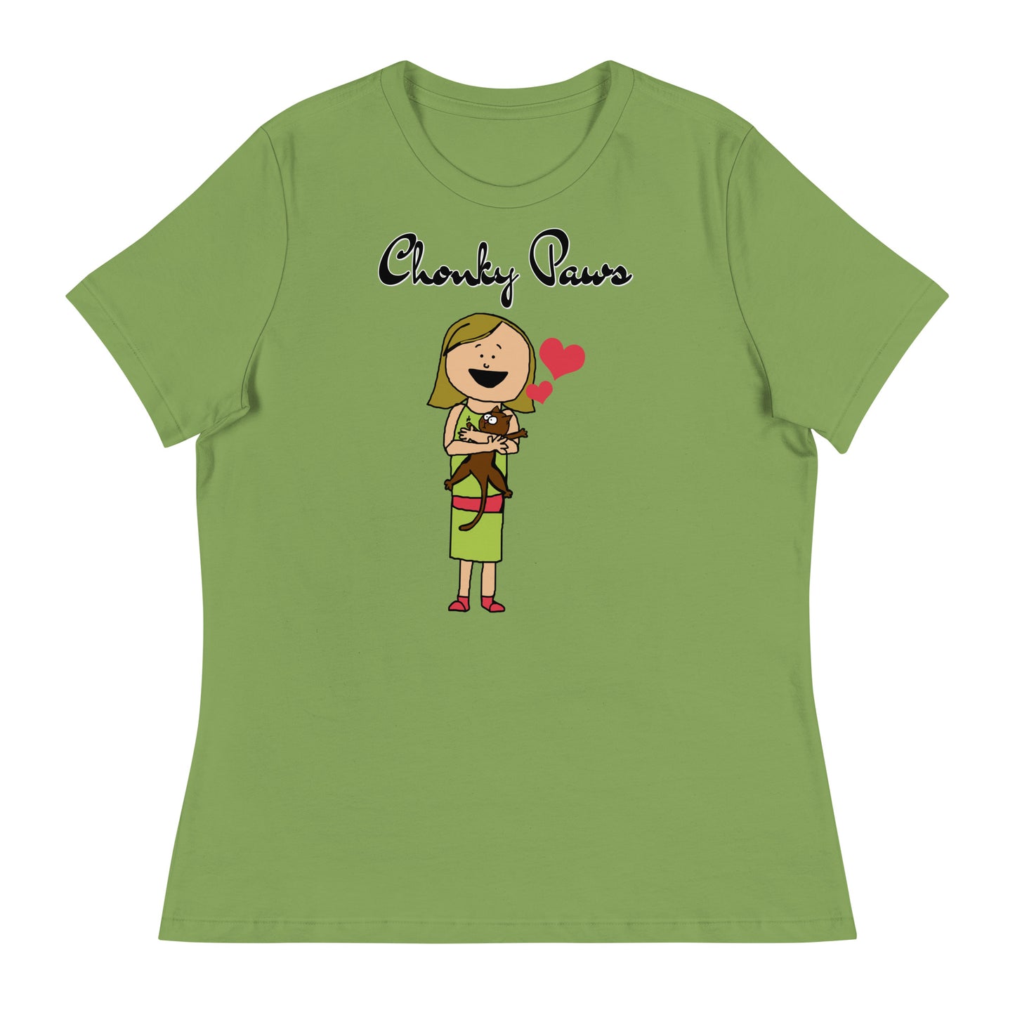 Women's T-Shirt with Girl Holding a Kitten with a text "Chonky Paws" at $25.97 found at Personalizedpetlovergifts