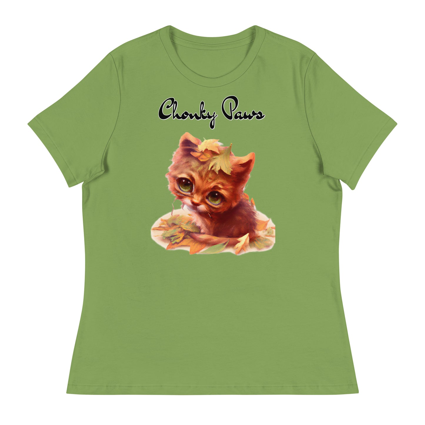 Women's T-Shirt with Ginger Cat With Autumn Leaves with a text "Chonky Paws" at $25.97 found at Personalizedpetlovergifts