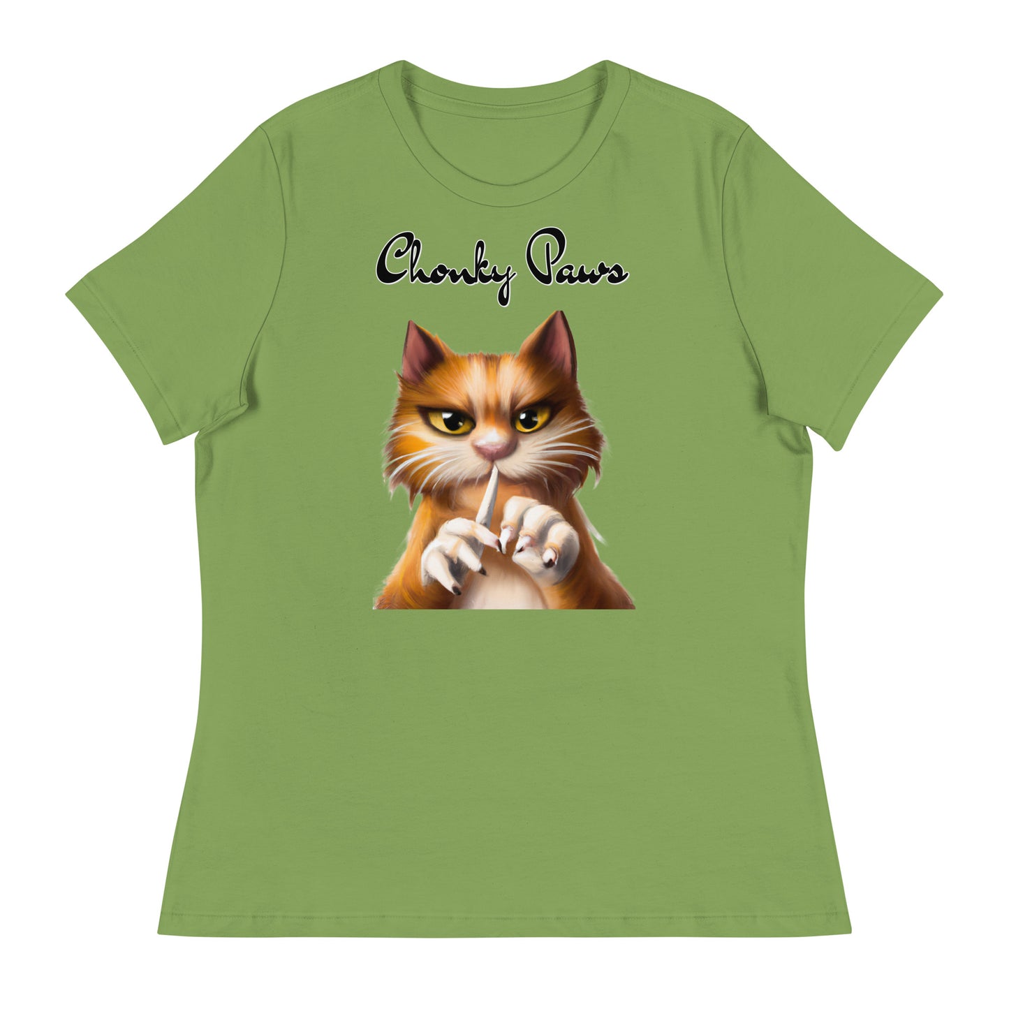 Women's T-Shirt with Ginger Cat Filing Its Nails with a text "Chonky Paws" at $25.97 found at Personalizedpetlovergifts