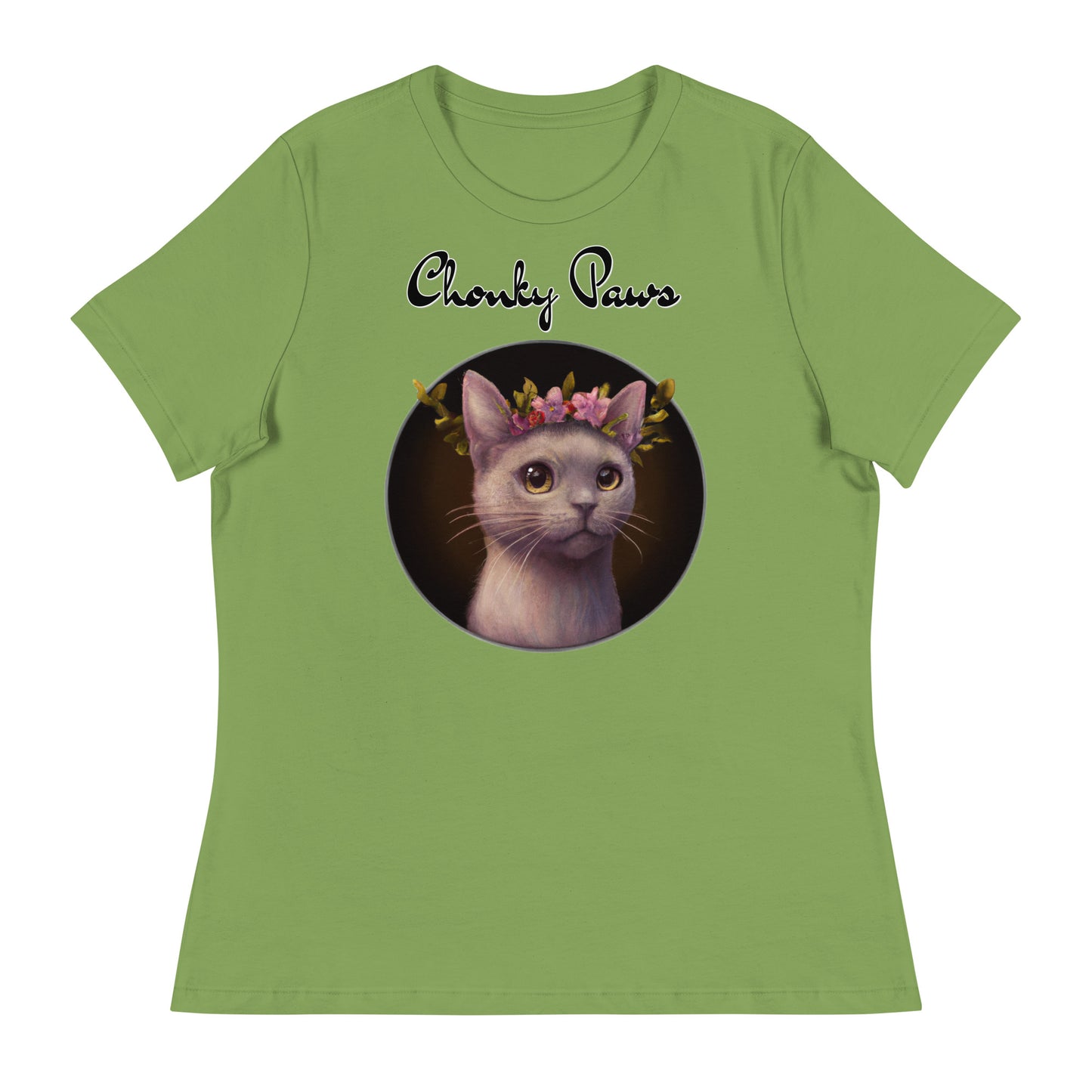 Women's T-Shirt with Gentle Cat With Pink Floral Headpiece with a text "Chonky Paws" at $25.97 found at Personalizedpetlovergifts