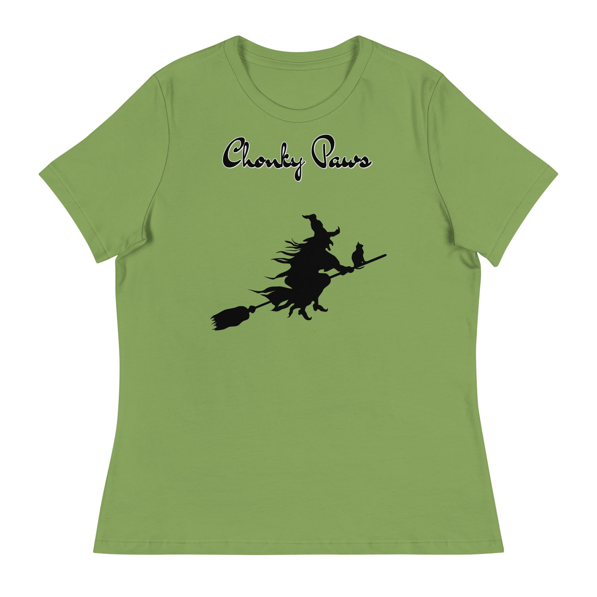 Women's T-Shirt with Flying Witch With Cat On a Broom with a text "Chonky Paws" at $25.97 found at Personalizedpetlovergifts