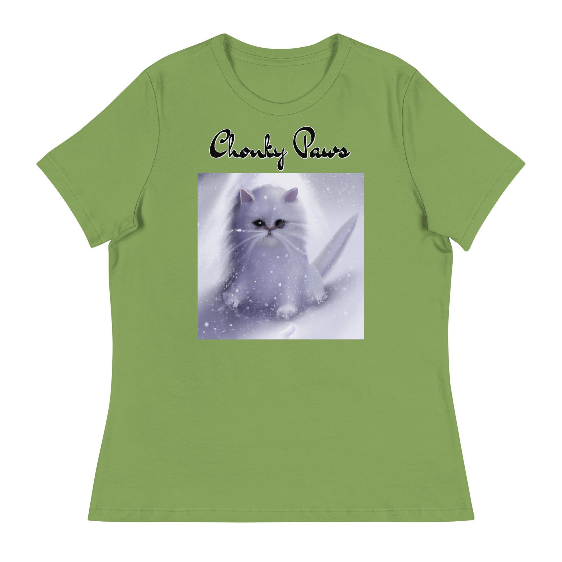 Women's T-Shirt with Fluffy White Kitten In The SNow with a text "Chonky Paws" at $25.97 found at Personalizedpetlovergifts