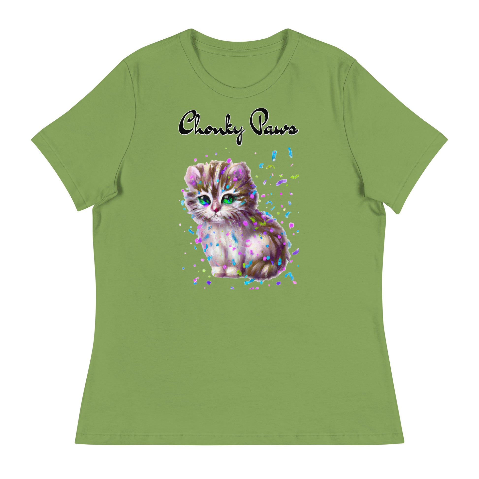 Women's T-Shirt with Fluffy Kitten With Confetti with a text "Chonky Paws" at $25.97 found at Personalizedpetlovergifts