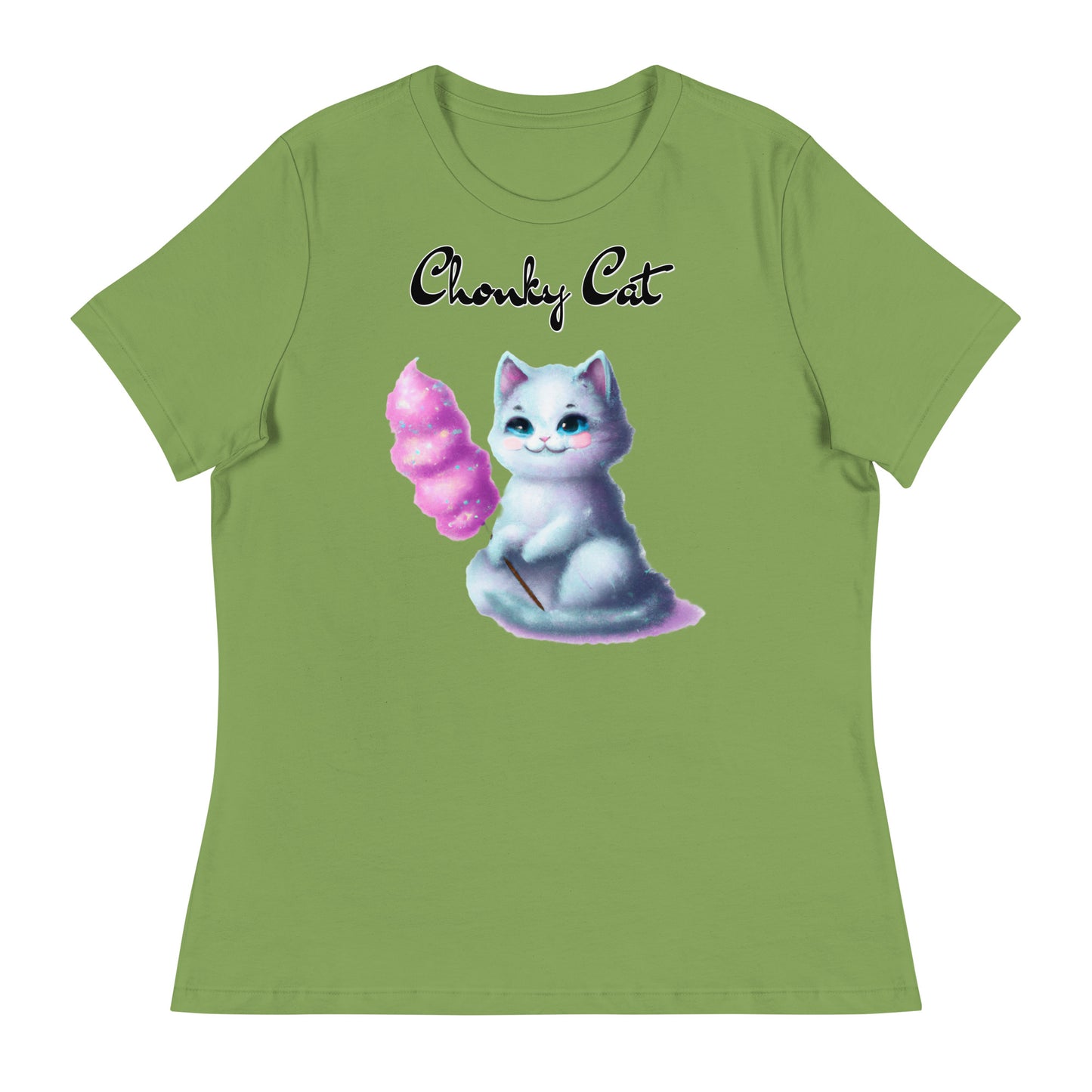 Women's T-Shirt with Kitten Holding A Cotton Candy with a text "Chonky Cat" at $25.97 found at Personalizedpetlovergifts