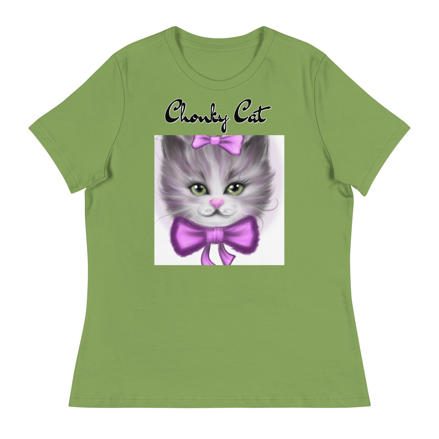 Women's T-Shirt with Happy Kitten With a Purple Bow with a text "Chonky Cat" at $25.97 found at Personalizedpetlovergifts