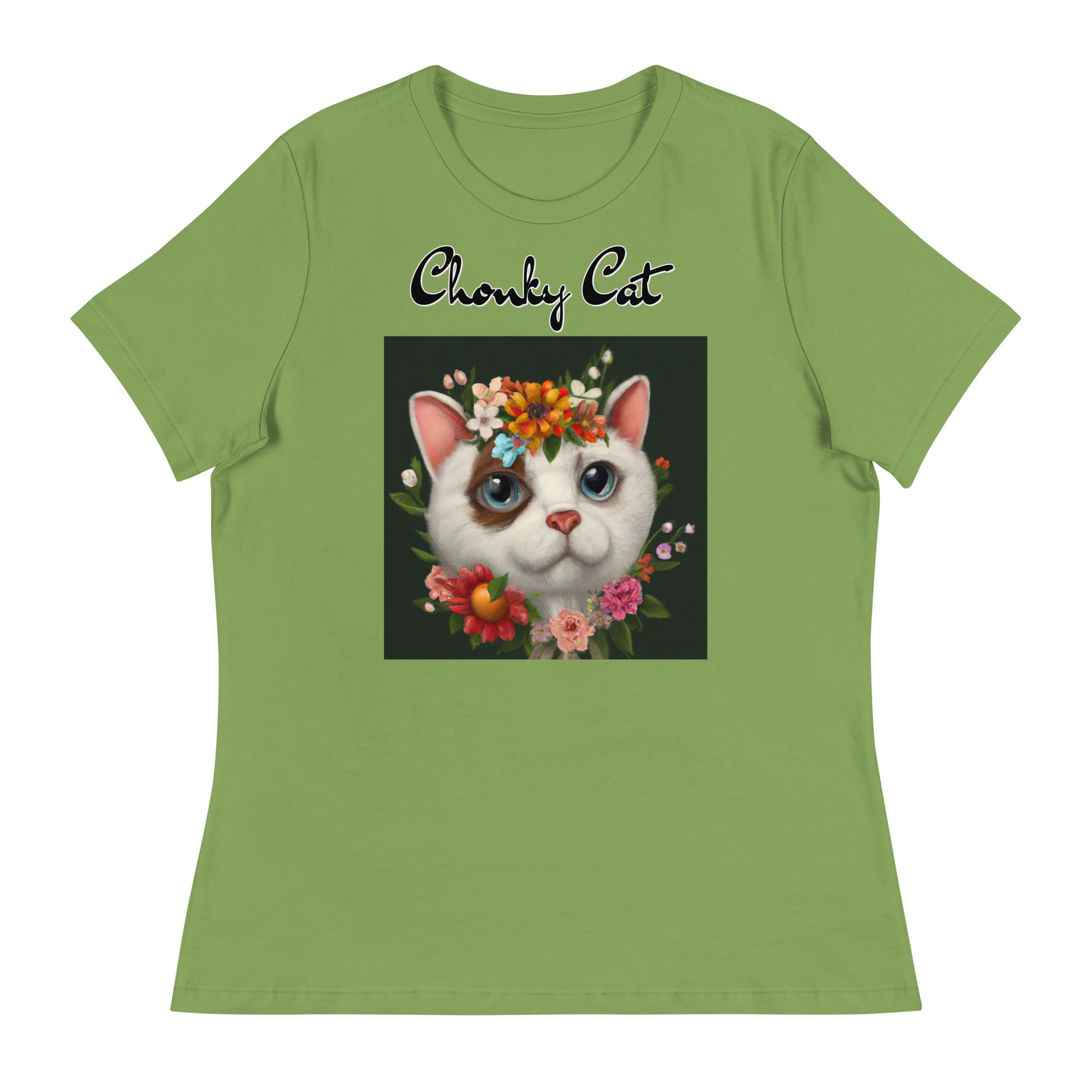 Women's T-Shirt with Happy Cat Portrait With Flowers with a text "Chonky Cat" at $25.97 found at Personalizedpetlovergifts