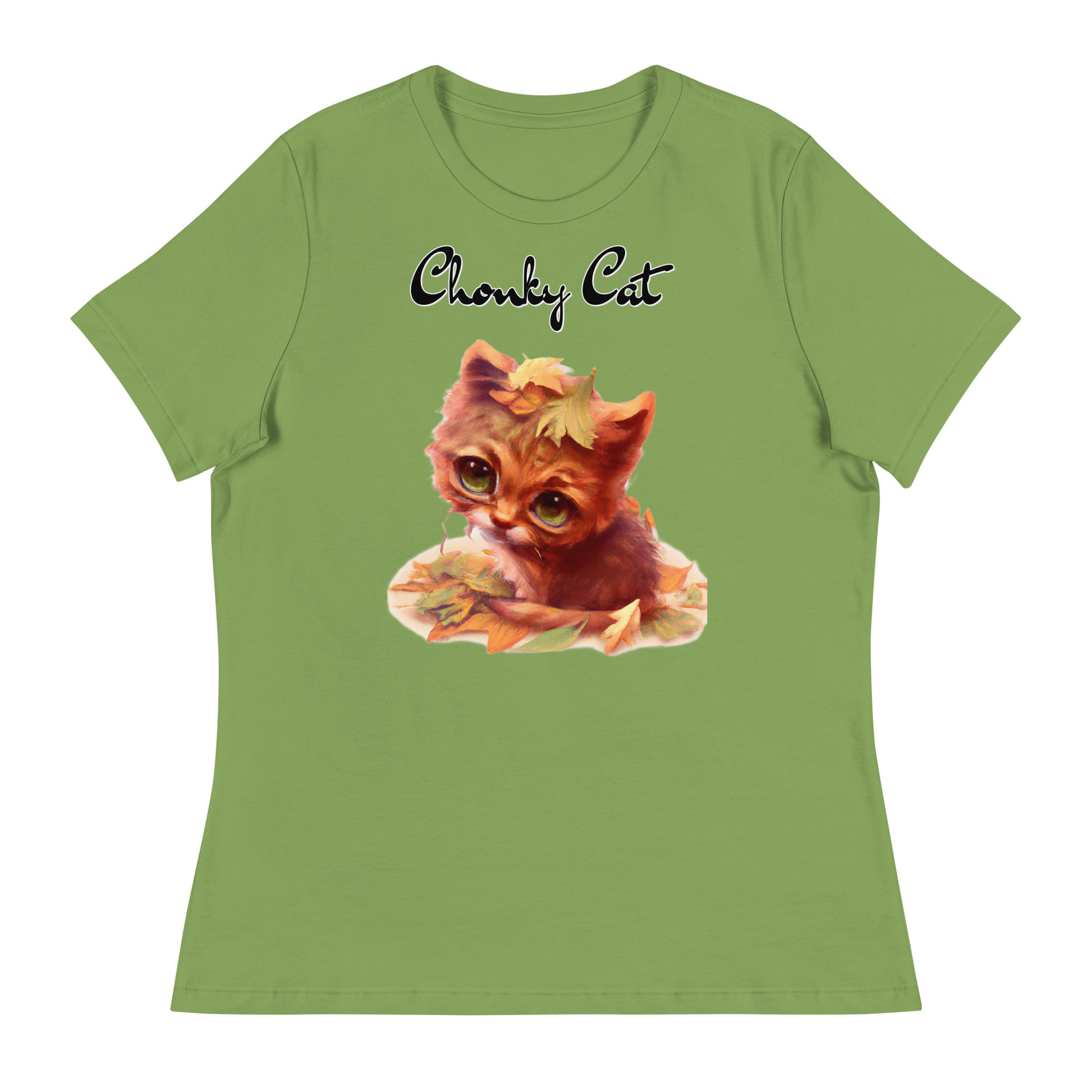 Women's T-Shirt with Ginger Cat With Autumn Leaves with a text "Chonky Cat" at $25.97 found at Personalizedpetlovergifts