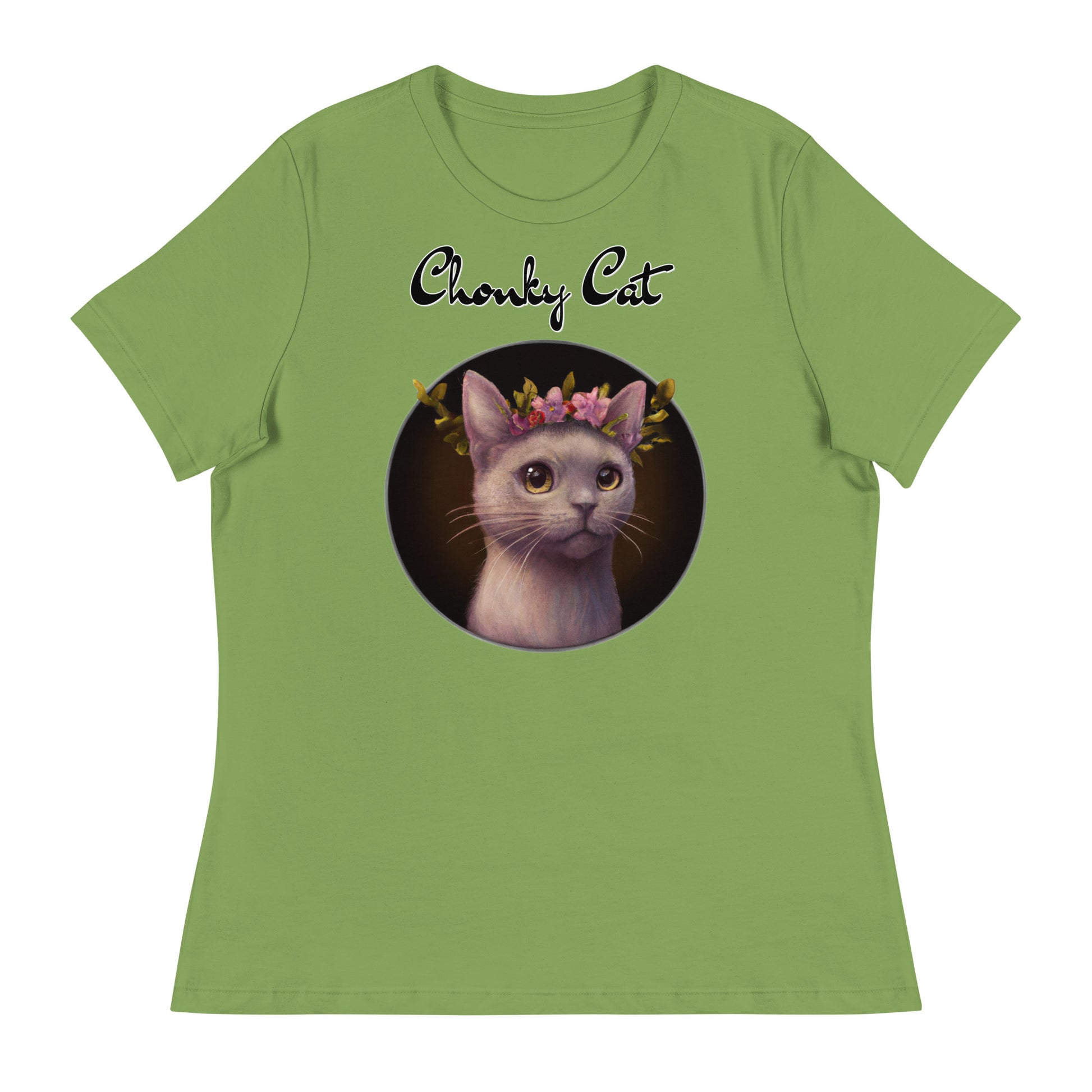 Women's T-Shirt with Gentle Cat With Pink Floral Headpiece with a text "Chonky Cat" at $25.97 found at Personalizedpetlovergifts