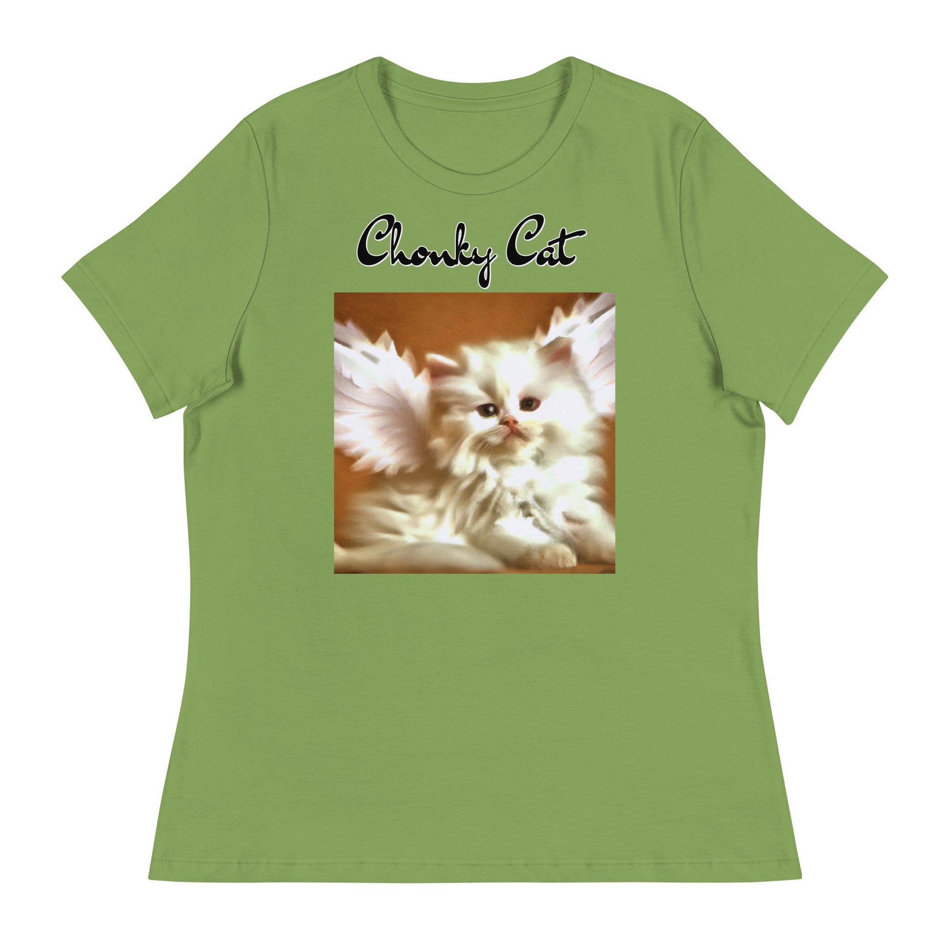 Women's T-Shirt with Fluffy White Kitten With Angel Wings with a text "Chonky Cat" at $25.97 found at Personalizedpetlovergifts