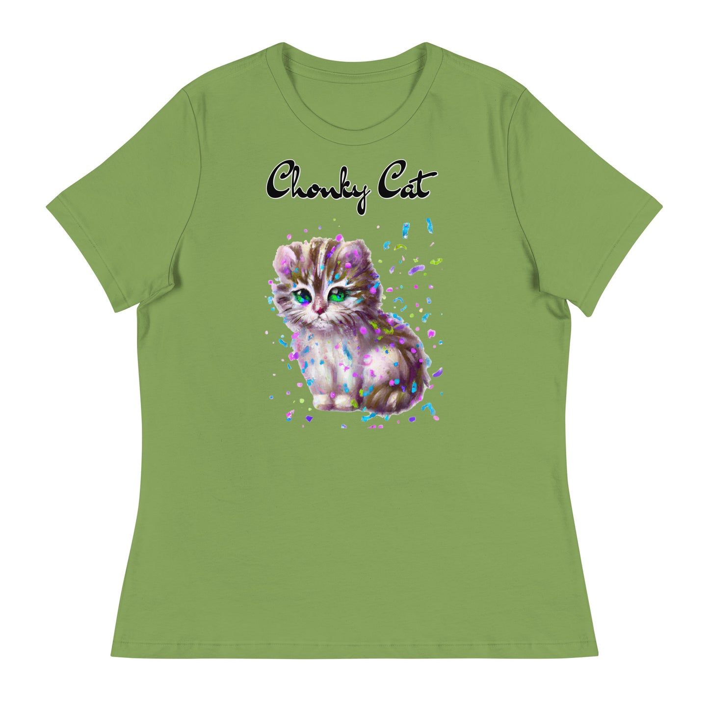 Women's T-Shirt with Fluffy Kitten With Confetti with a text "Chonky Cat" at $25.97 found at Personalizedpetlovergifts