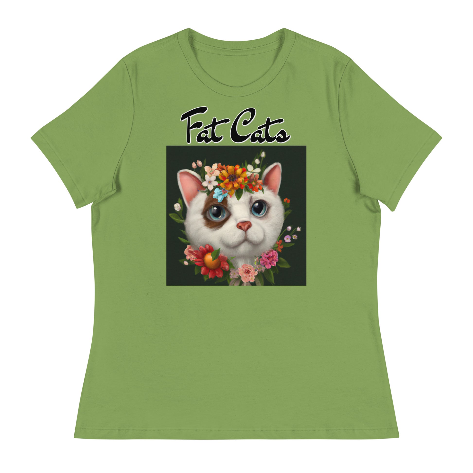 Women's T-Shirt with Happy Cat Portrait With Flowers with a text "Fat Cats" at $25.97 found at Personalizedpetlovergifts