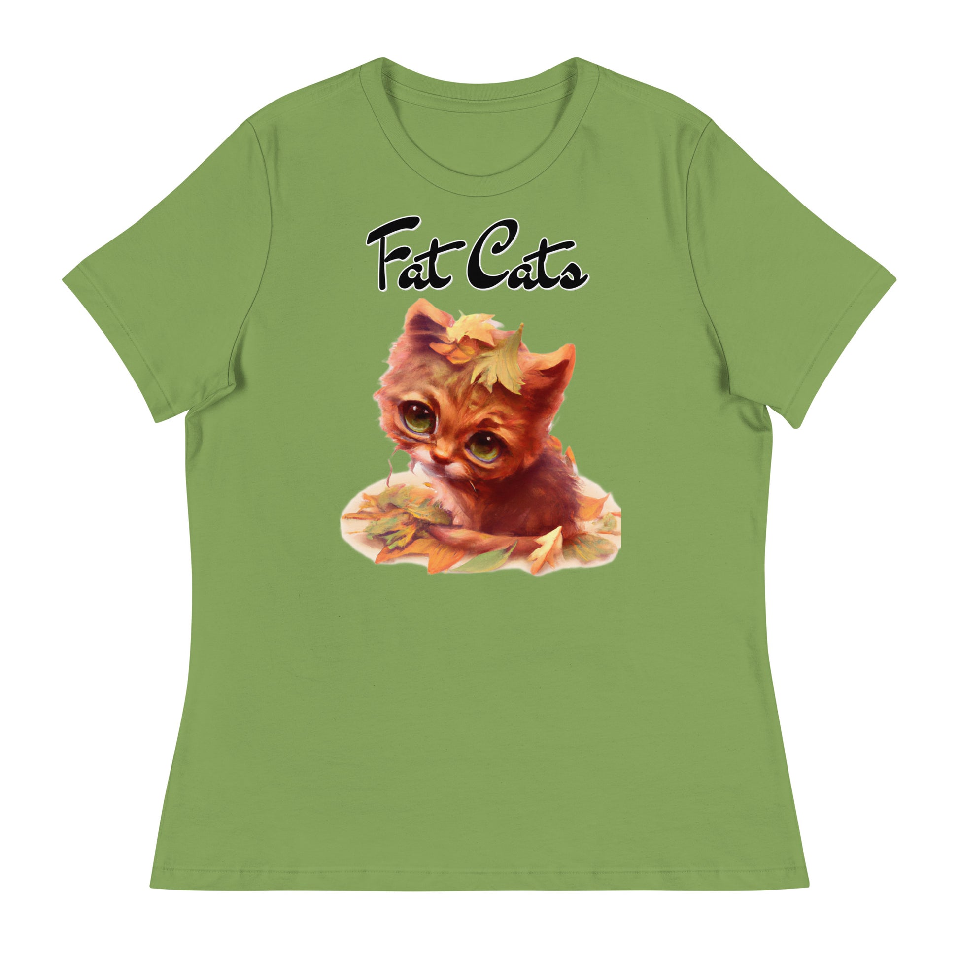 Women's T-Shirt with Ginger Cat With Autumn Leaves with a text "Fat Cats" at $25.97 found at Personalizedpetlovergifts