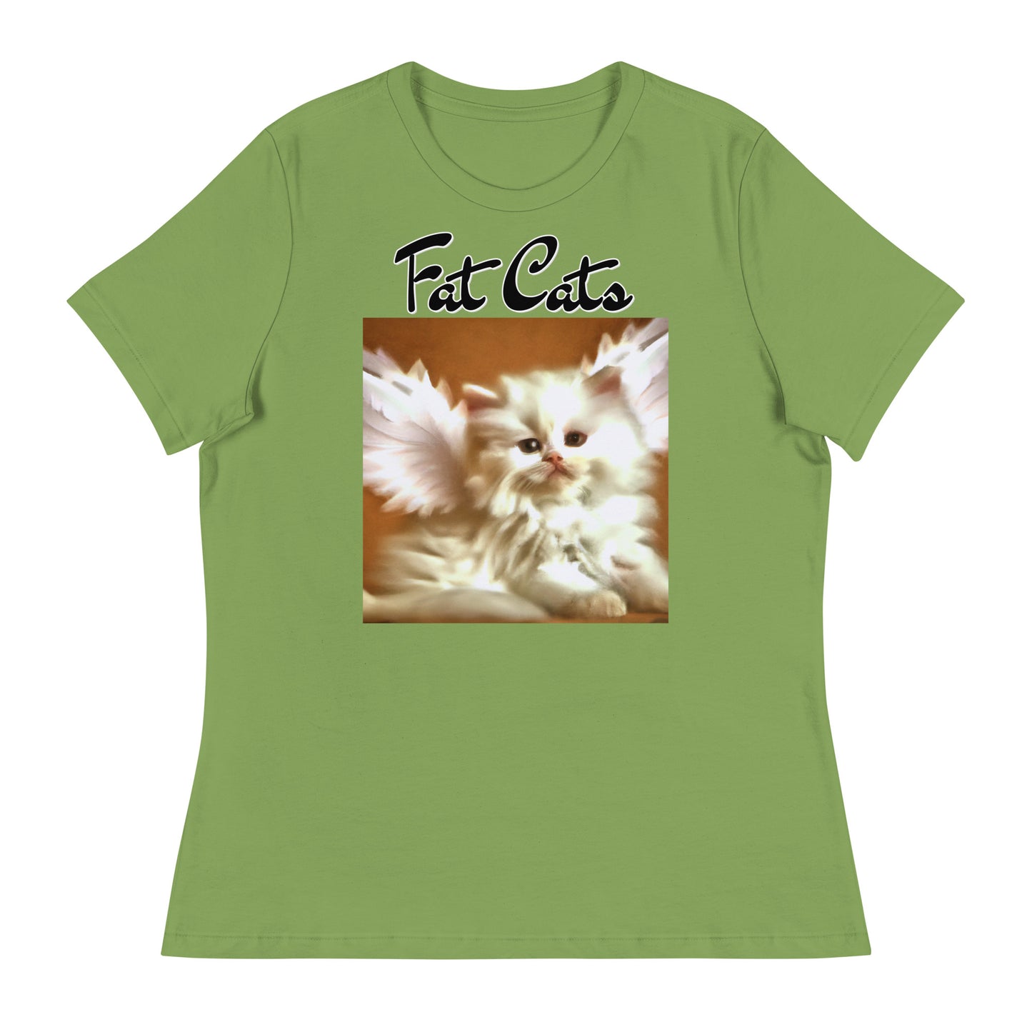 Women's T-Shirt with Fluffy White Kitten With Angel Wings with a text "Fat Cats" at $25.97 found at Personalizedpetlovergifts