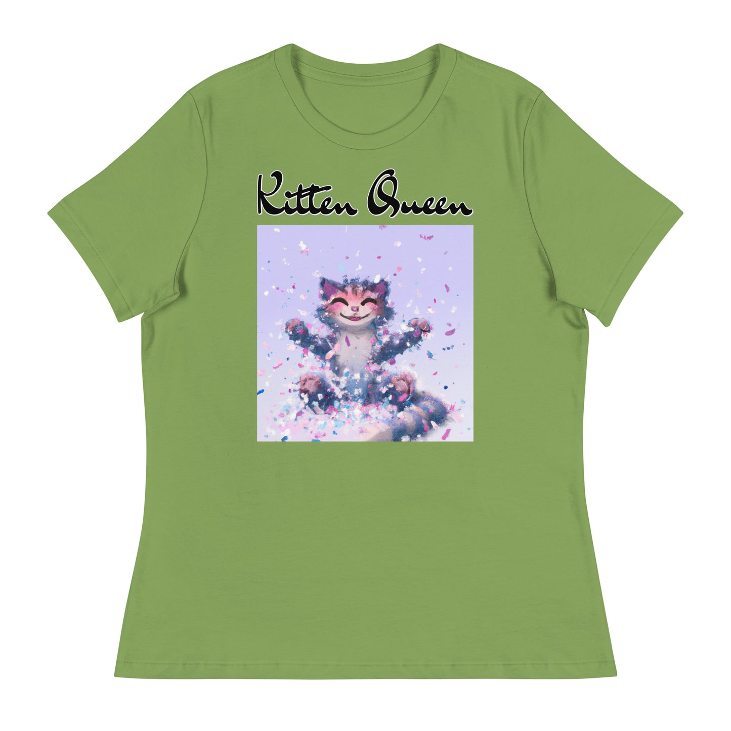 Women's T-Shirt with Kitten Enjoying Confetti with a text "Kitten Queen" at $25.97 found at Personalizedpetlovergifts