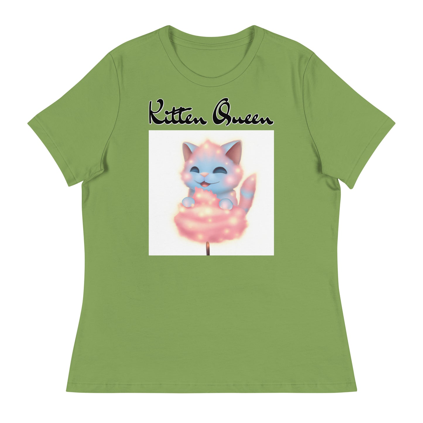 Women's T-Shirt with Kitten Enjoying a Cotton Candy with a text "Kitten Queen" at $25.97 found at Personalizedpetlovergifts