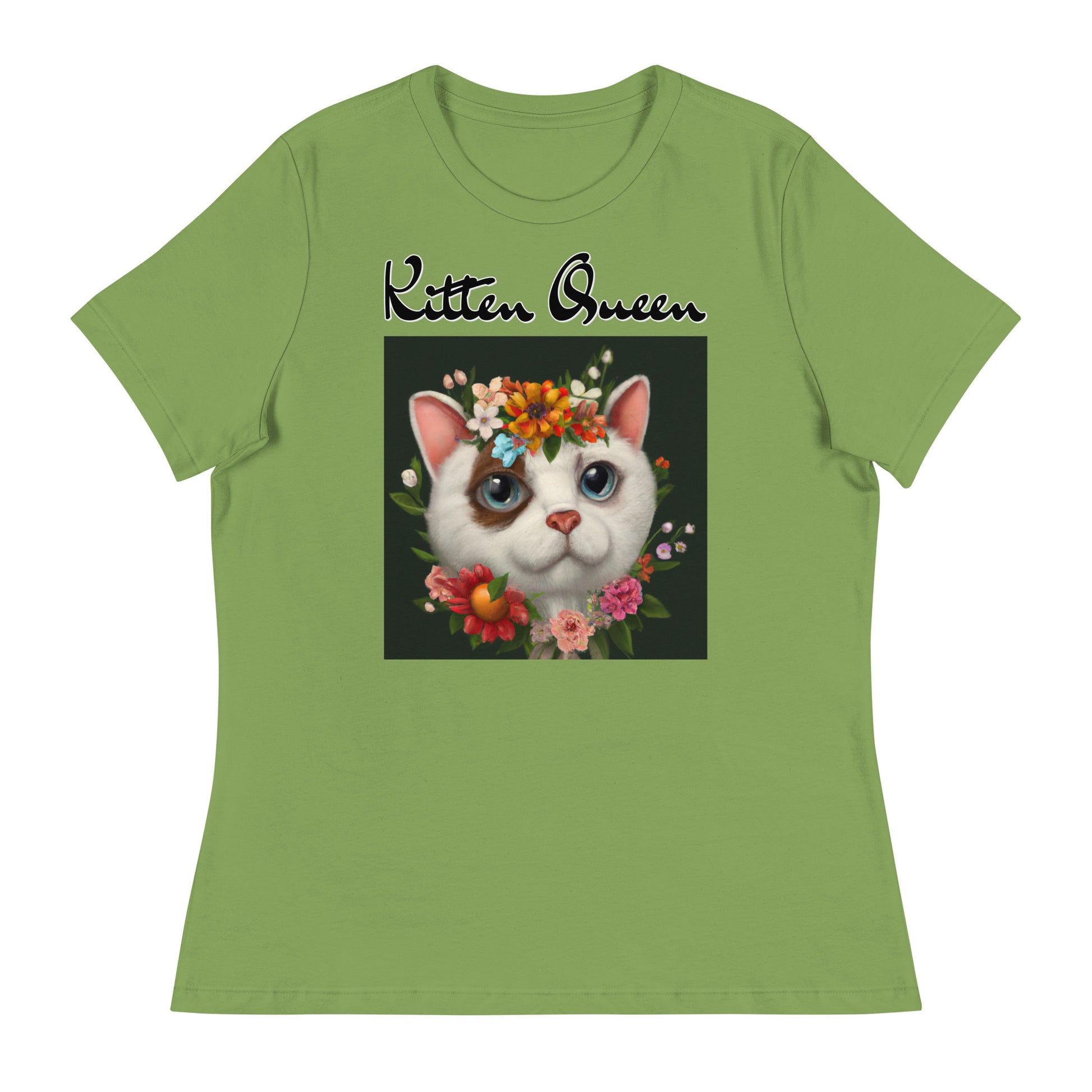 Women's T-Shirt with Happy Cat Portrait With Flowers with a text "Kitten Queen" at $25.97 found at Personalizedpetlovergifts