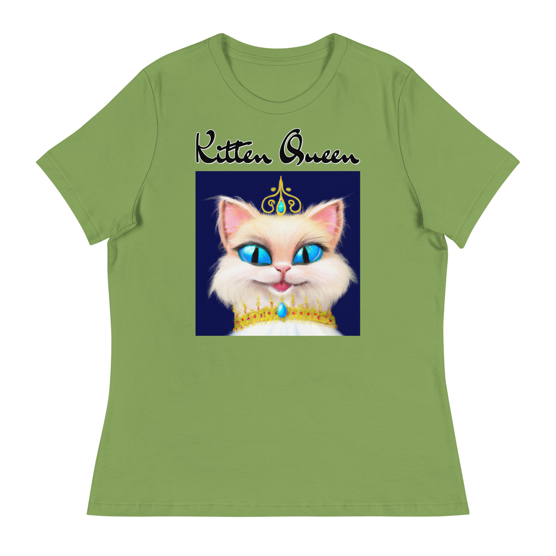 Women's T-Shirt with Happy Blue Eyed Kitten Princess with a text "Kitten Queen" at $25.97 found at Personalizedpetlovergifts