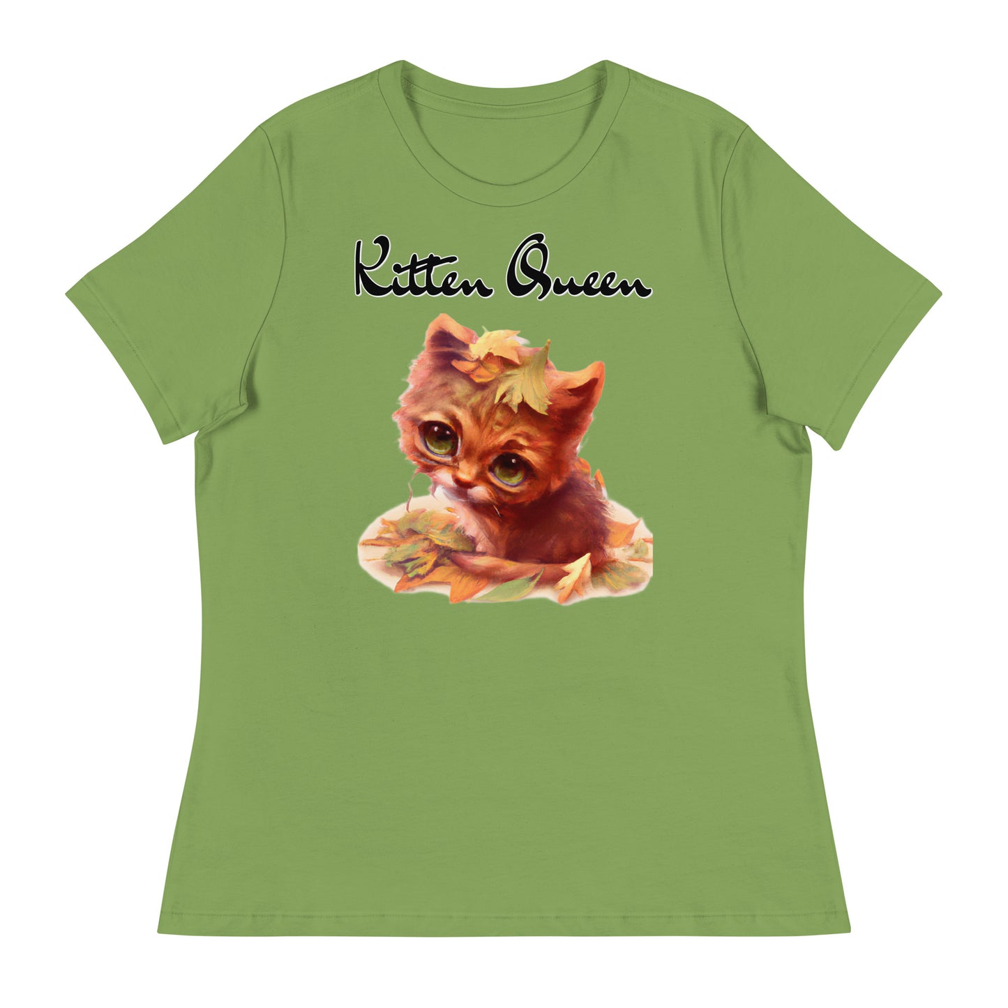 Women's T-Shirt with Ginger Cat With Autumn Leaves with a text "Kitten Queen" at $25.97 found at Personalizedpetlovergifts