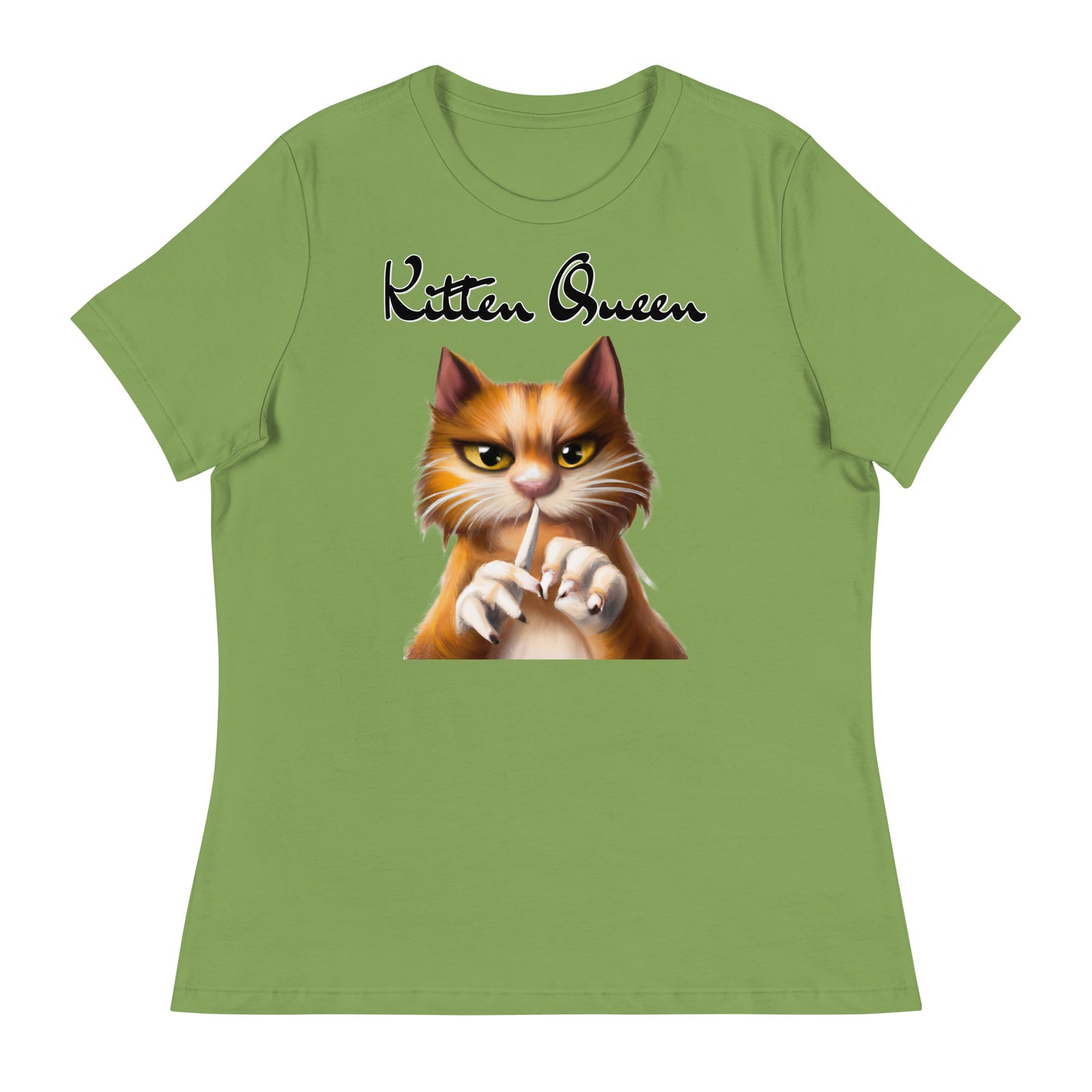 Women's T-Shirt with Ginger Cat Filing Its Nails with a text "Kitten Queen" at $25.97 found at Personalizedpetlovergifts