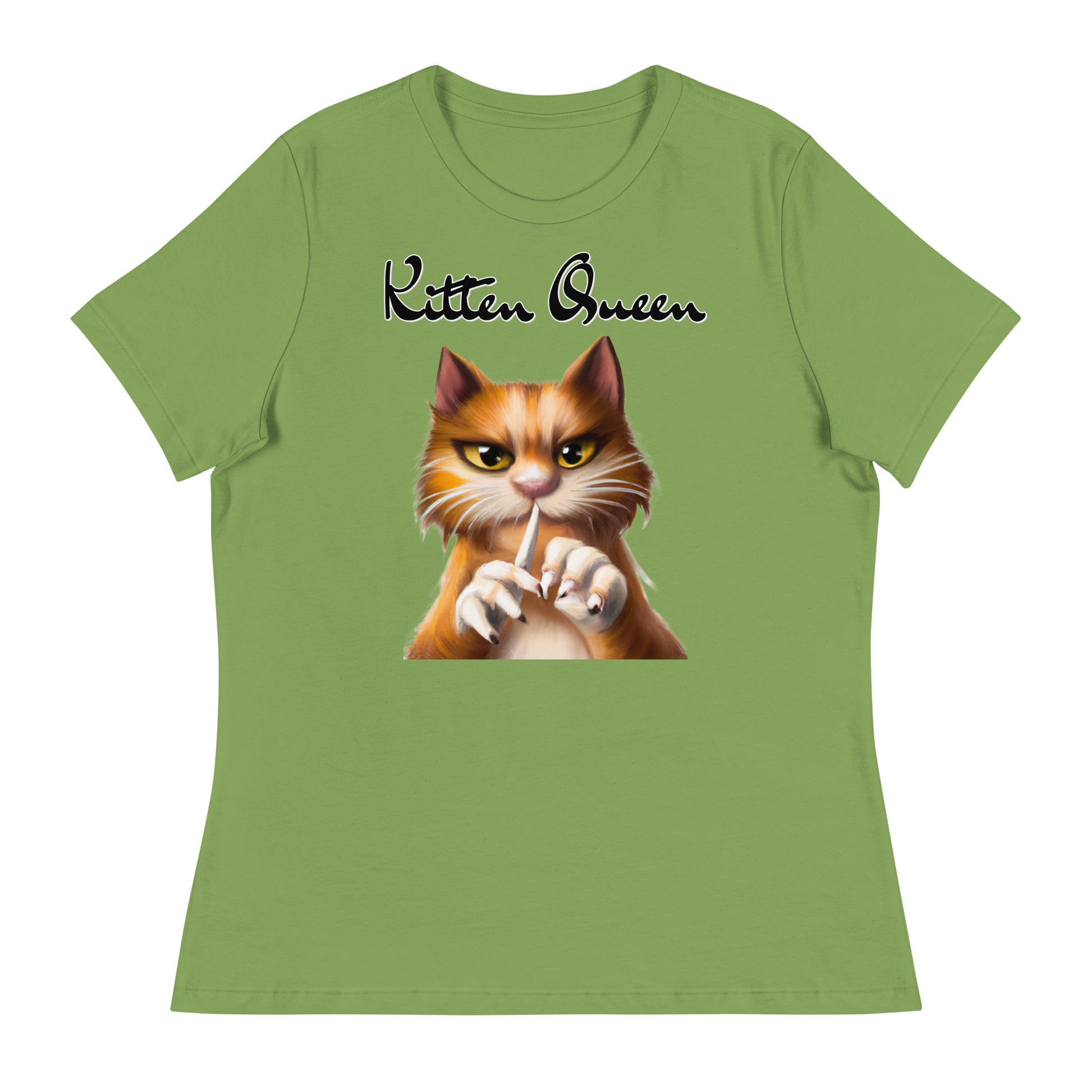 Women's T-Shirt with Ginger Cat Filing Its Nails with a text "Kitten Queen" at $25.97 found at Personalizedpetlovergifts