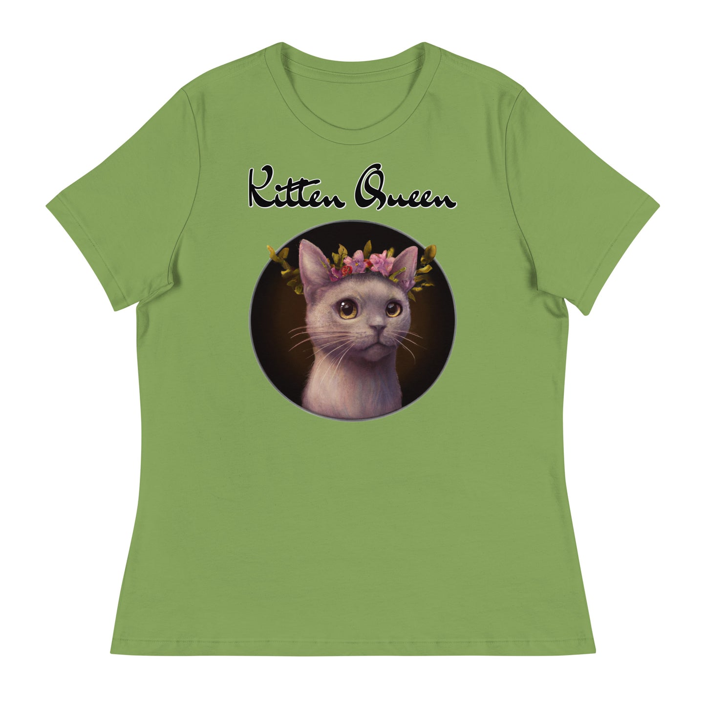 Women's T-Shirt with Gentle Cat With Pink Floral Headpiece with a text "Kitten Queen" at $25.97 found at Personalizedpetlovergifts