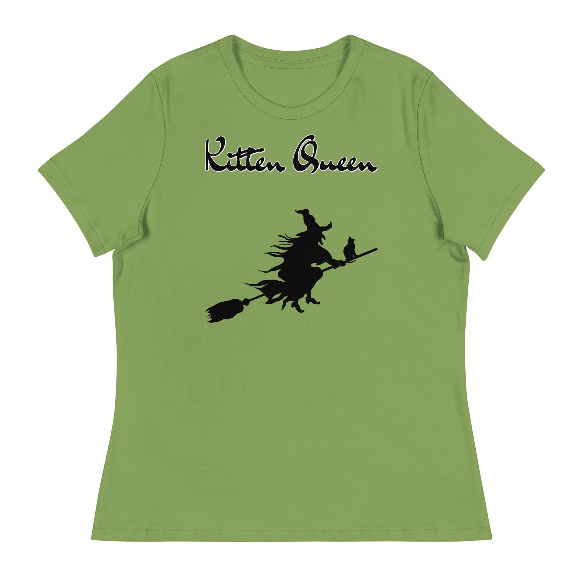 Women's T-Shirt with Flying Witch With Cat On a Broom with a text "Kitten Queen" at $25.97 found at Personalizedpetlovergifts