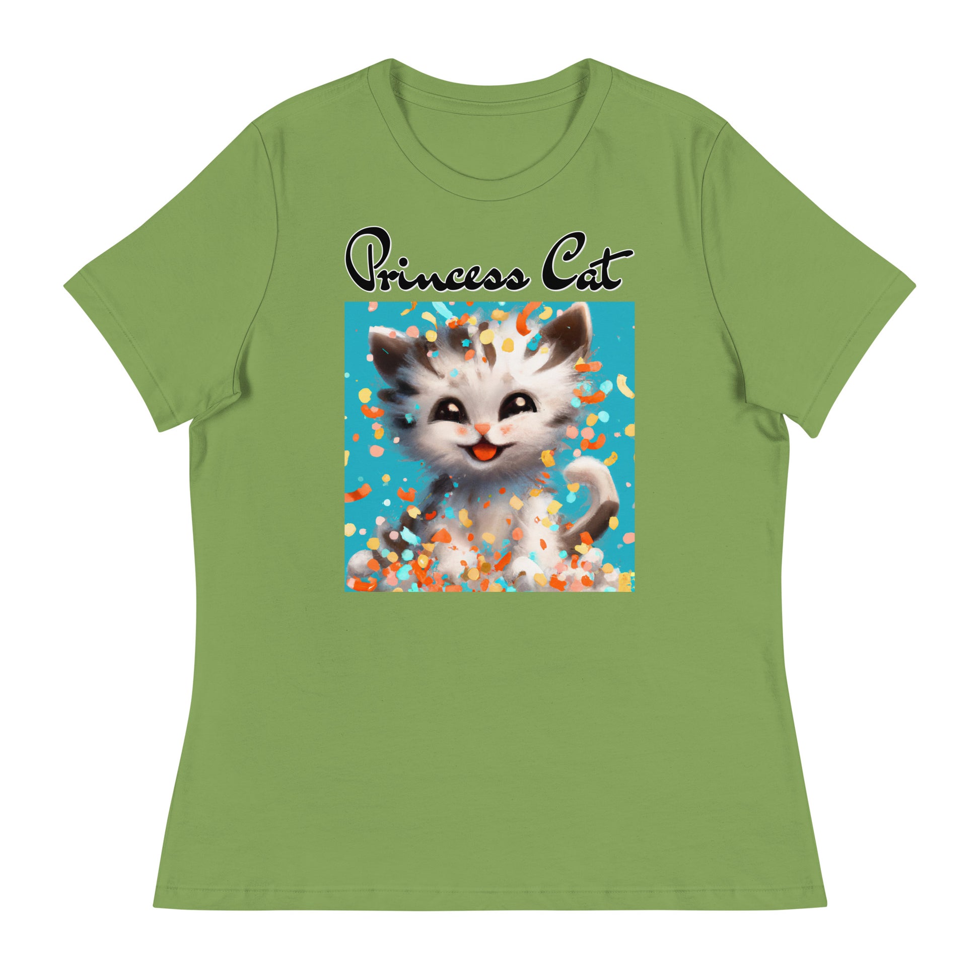 Women's T-Shirt with Happy Kitten With Confetti with a text "Princess Cat" at $25.97 found at Personalizedpetlovergifts