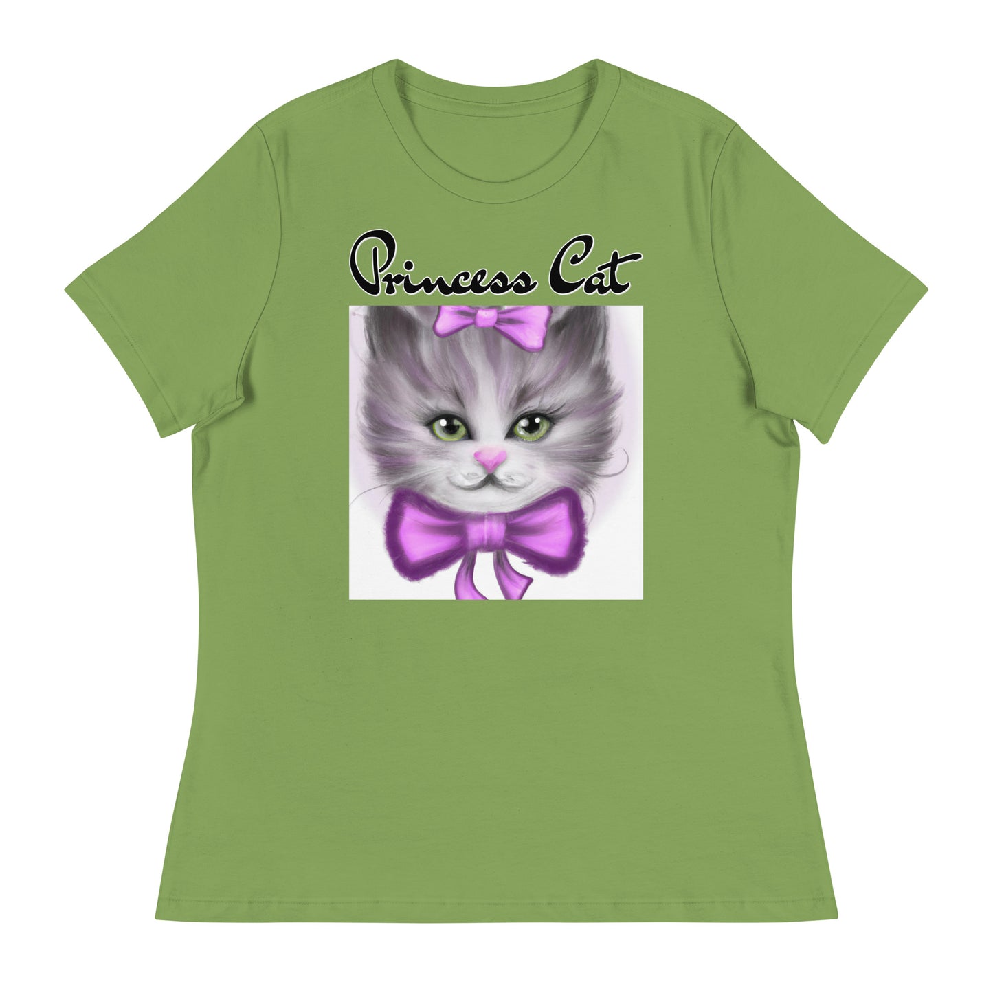 Women's T-Shirt with Happy Kitten With a Purple Bow with a text "Princess Cat" at $25.97 found at Personalizedpetlovergifts