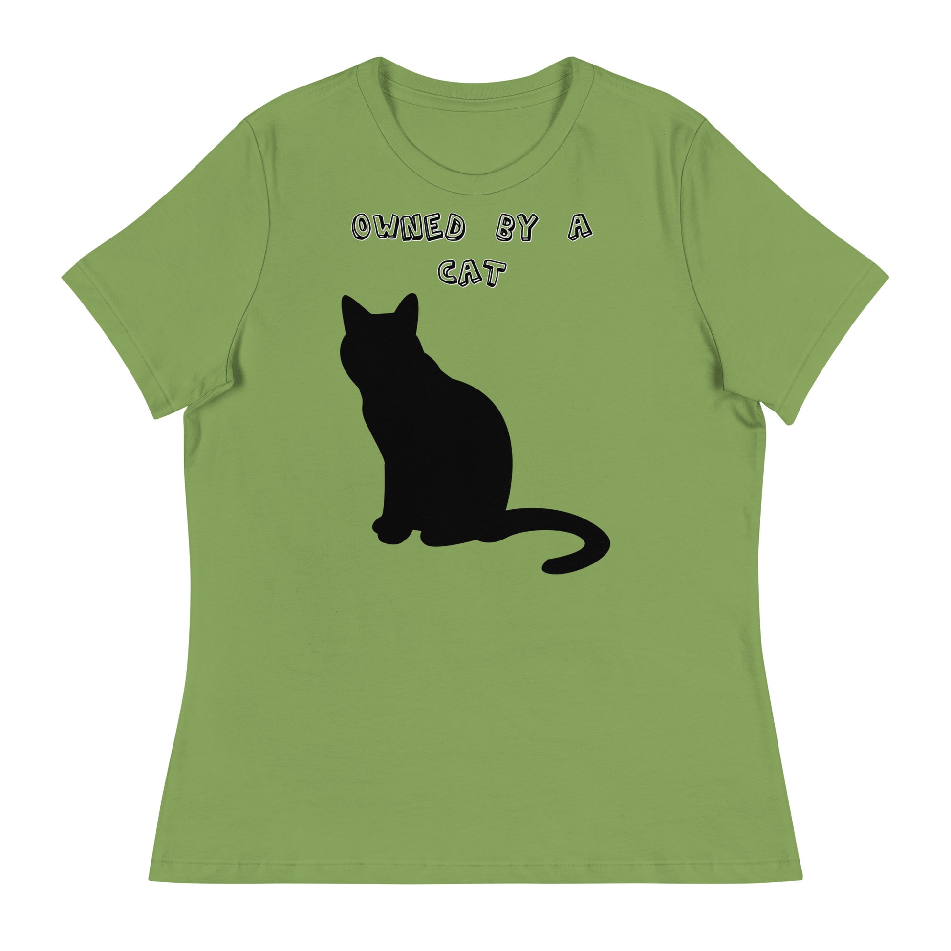 Women's White T-Shirt with Silhouette Of Black Cat with a text "Owned by a Cat" at $25.97 found at Personalizedpetlovergifts