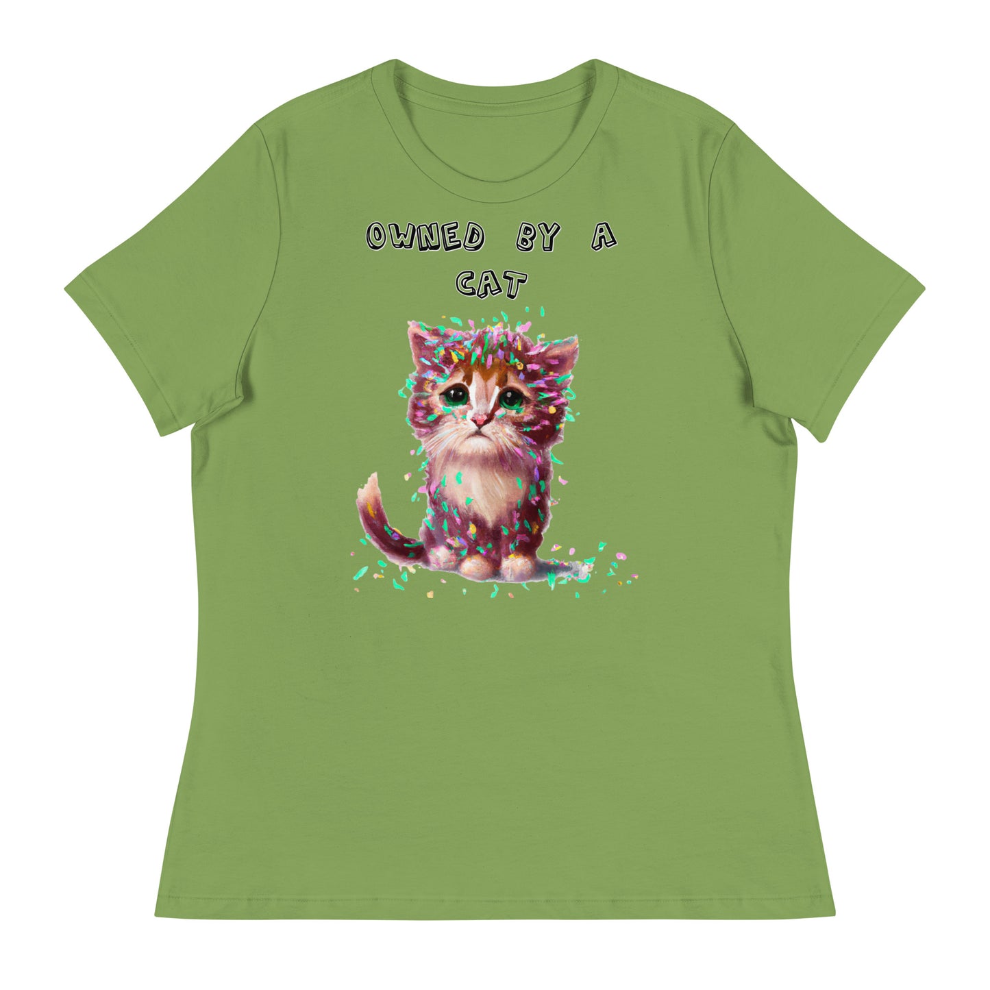 Women's White T-Shirt with Sad Kitten Covered In Confetti with a text "Owned by a Cat" at $25.97 found at Personalizedpetlovergifts