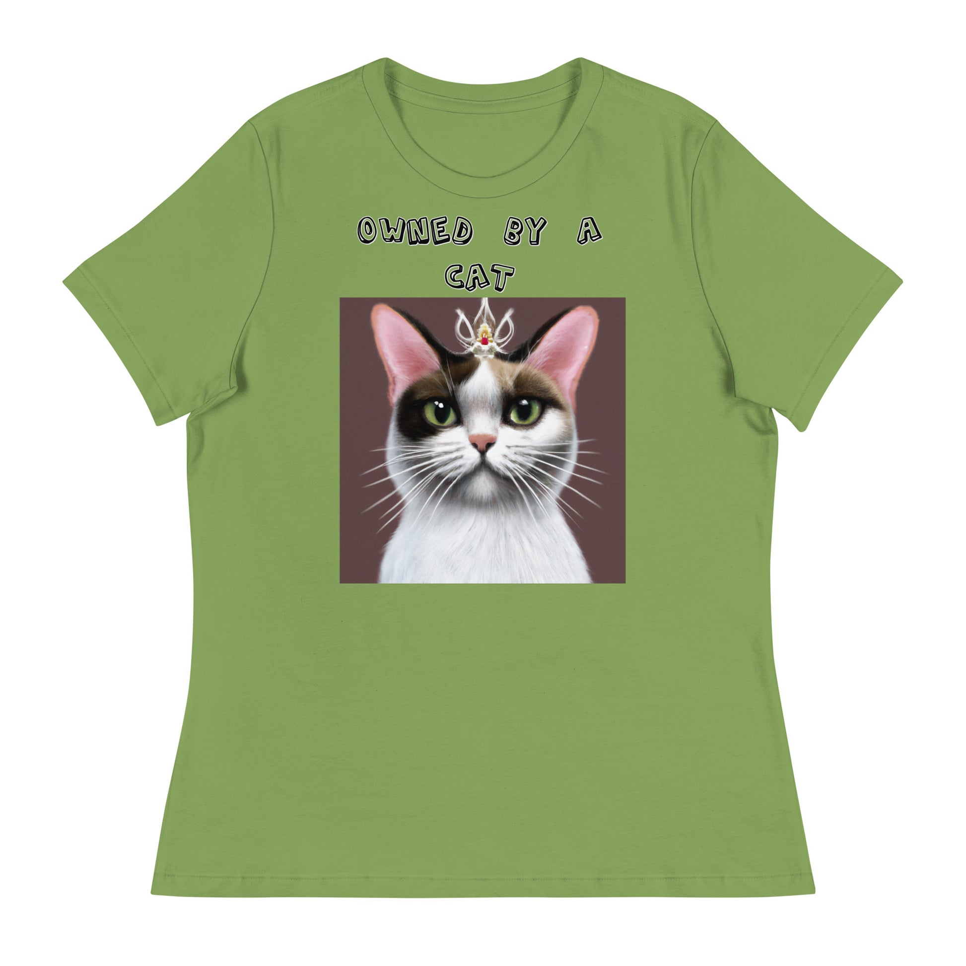 Women's White T-Shirt with Princess Cat With a Tiara with a text "Owned by a Cat" at $25.97 found at Personalizedpetlovergifts