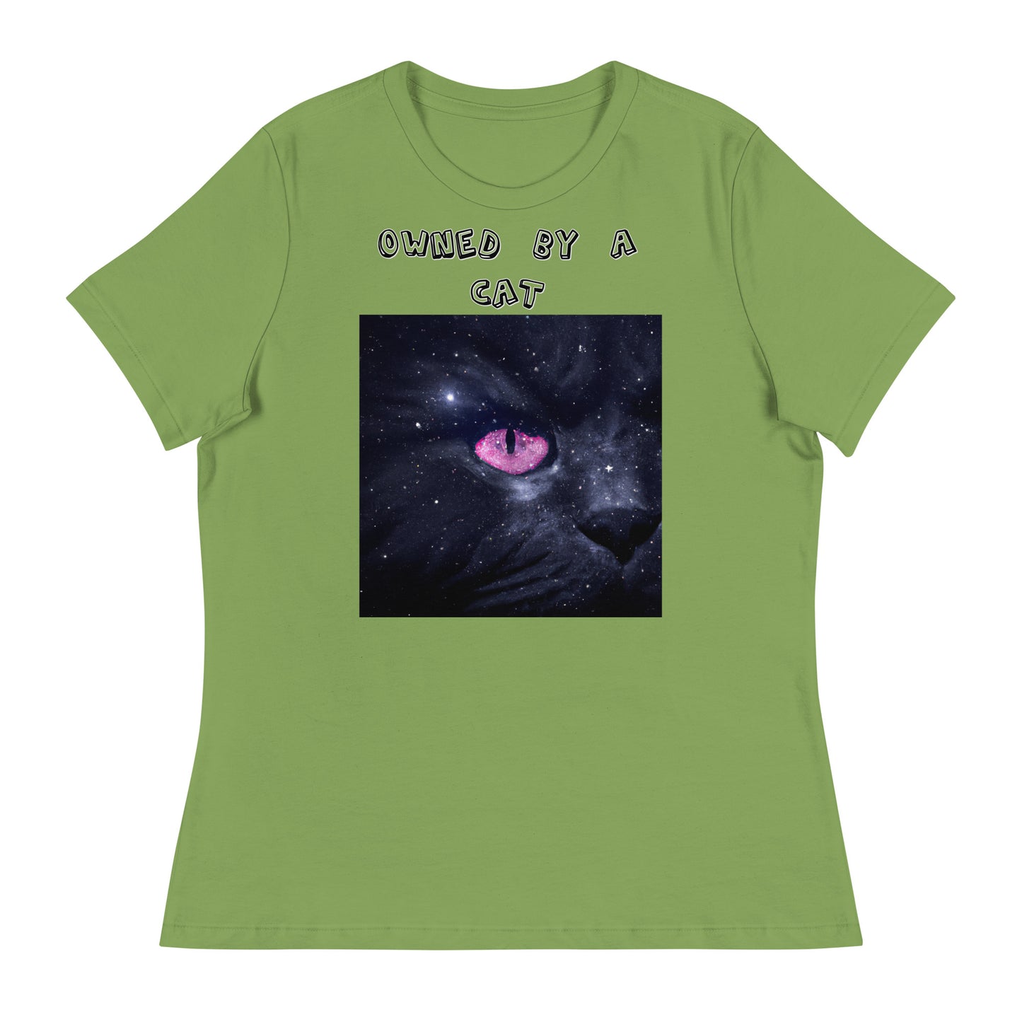 Women's White T-Shirt with Pink Galaxy Eyed Cat with a text "Owned by a Cat" at $25.97 found at Personalizedpetlovergifts