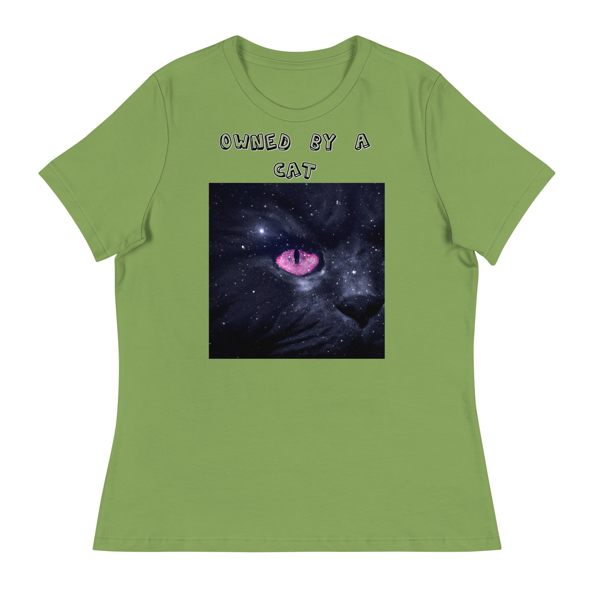 Women's White T-Shirt with Pink Galaxy Eyed Cat with a text "Owned by a Cat" at $25.97 found at Personalizedpetlovergifts