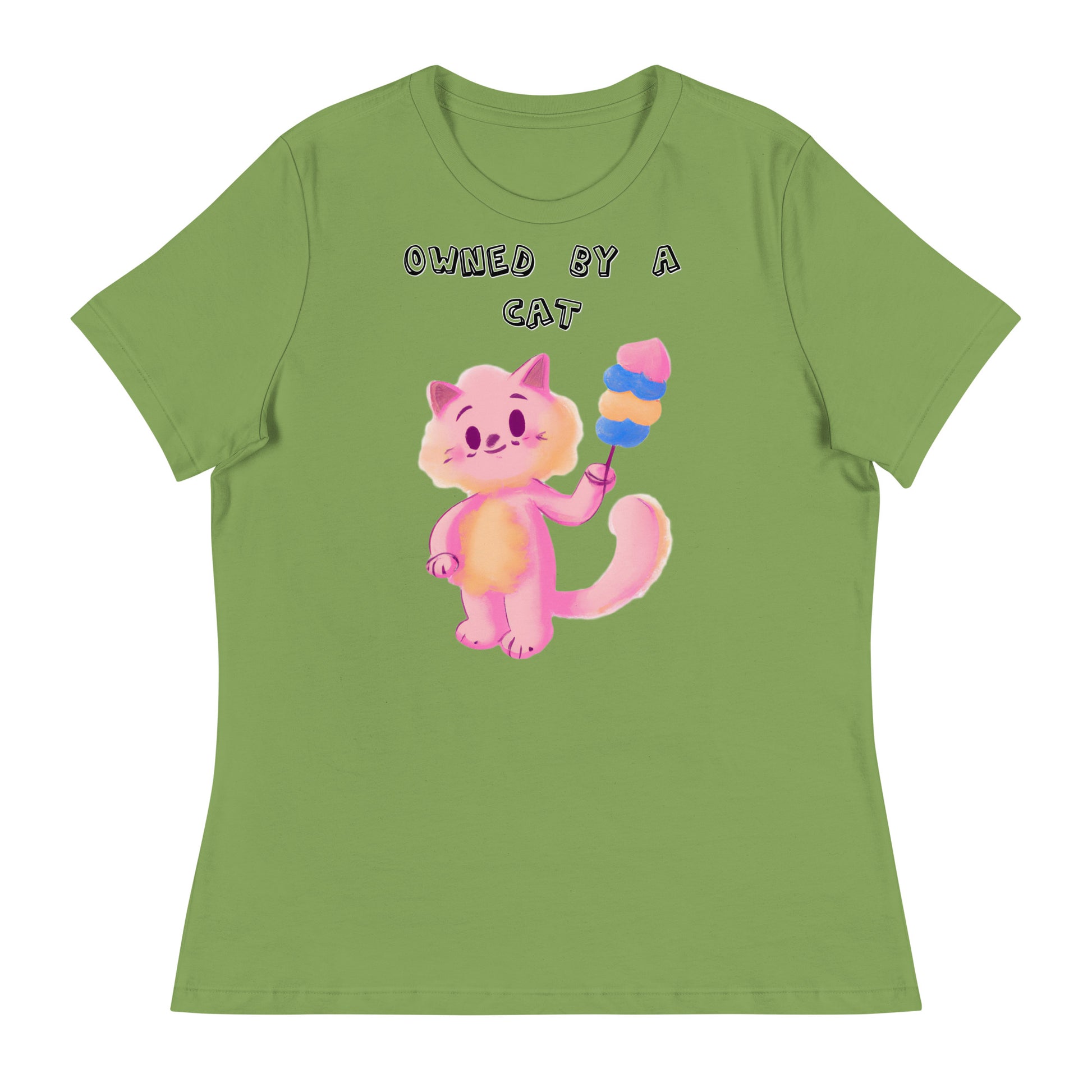 Women's White T-Shirt with Pink Cat With Cotton Candy with a text "Owned by a Cat" at $25.97 found at Personalizedpetlovergifts