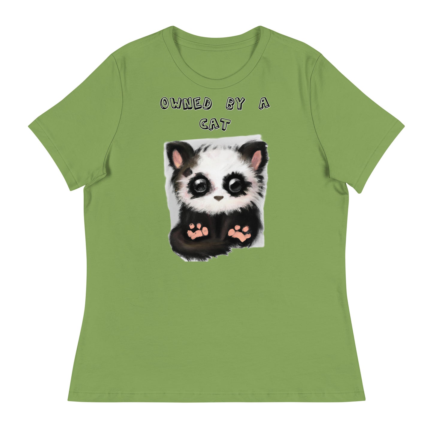 Women's White T-Shirt with Panda Kitten with a text "Owned by a Cat" at $25.97 found at Personalizedpetlovergifts