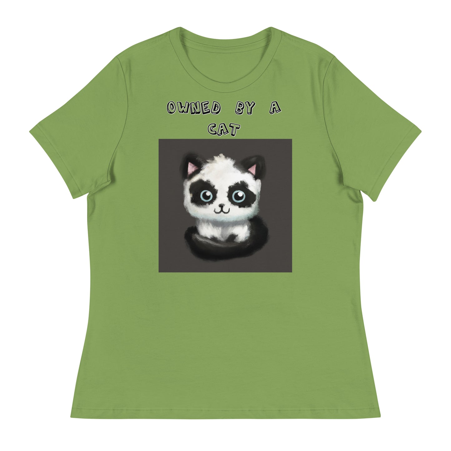 Women's White T-Shirt with Panda Colored Kitten with a text "Owned by a Cat" at $25.97 found at Personalizedpetlovergifts