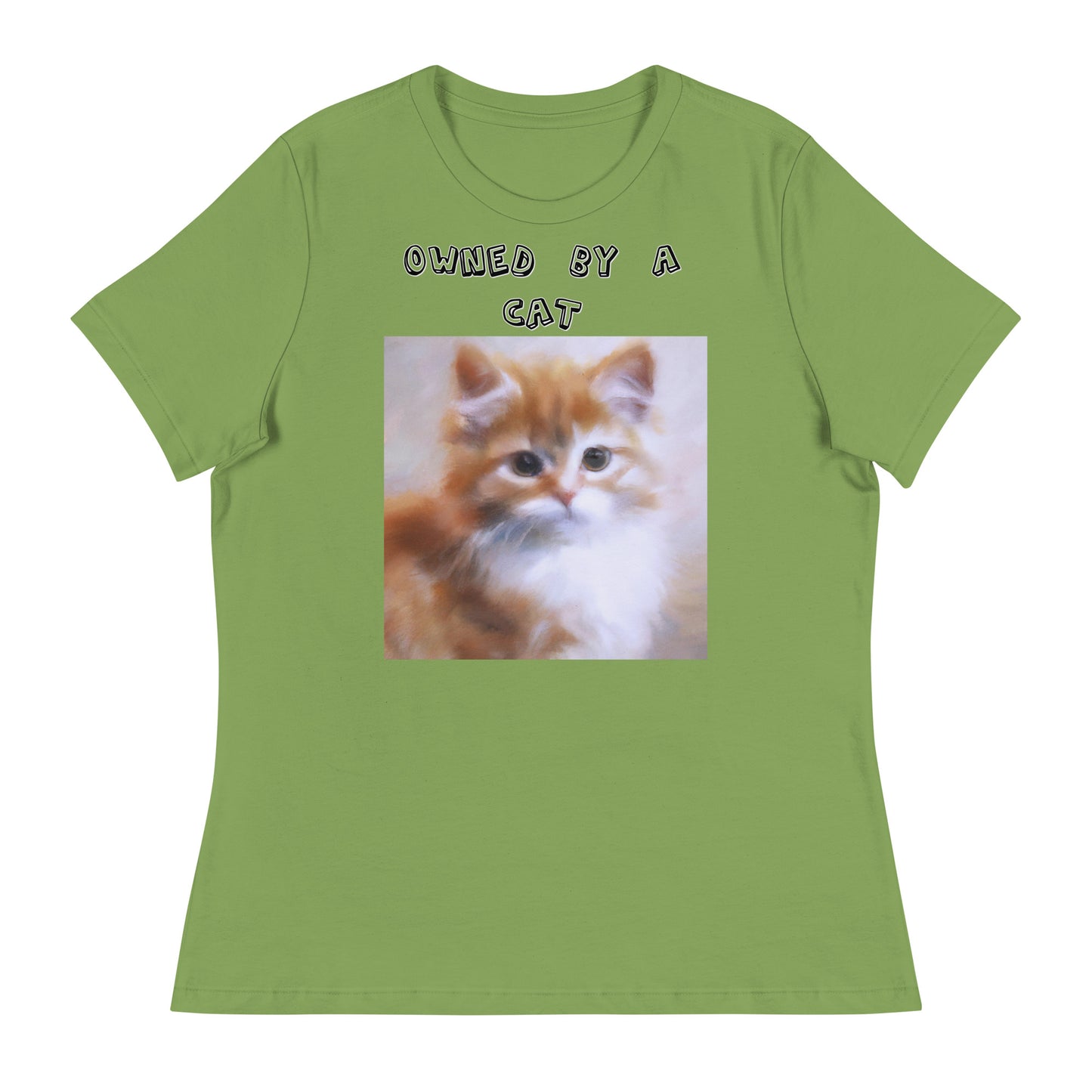 Women's White T-Shirt with Orange Fluffy Kitten with a text "Owned by a Cat" at $25.97 found at Personalizedpetlovergifts