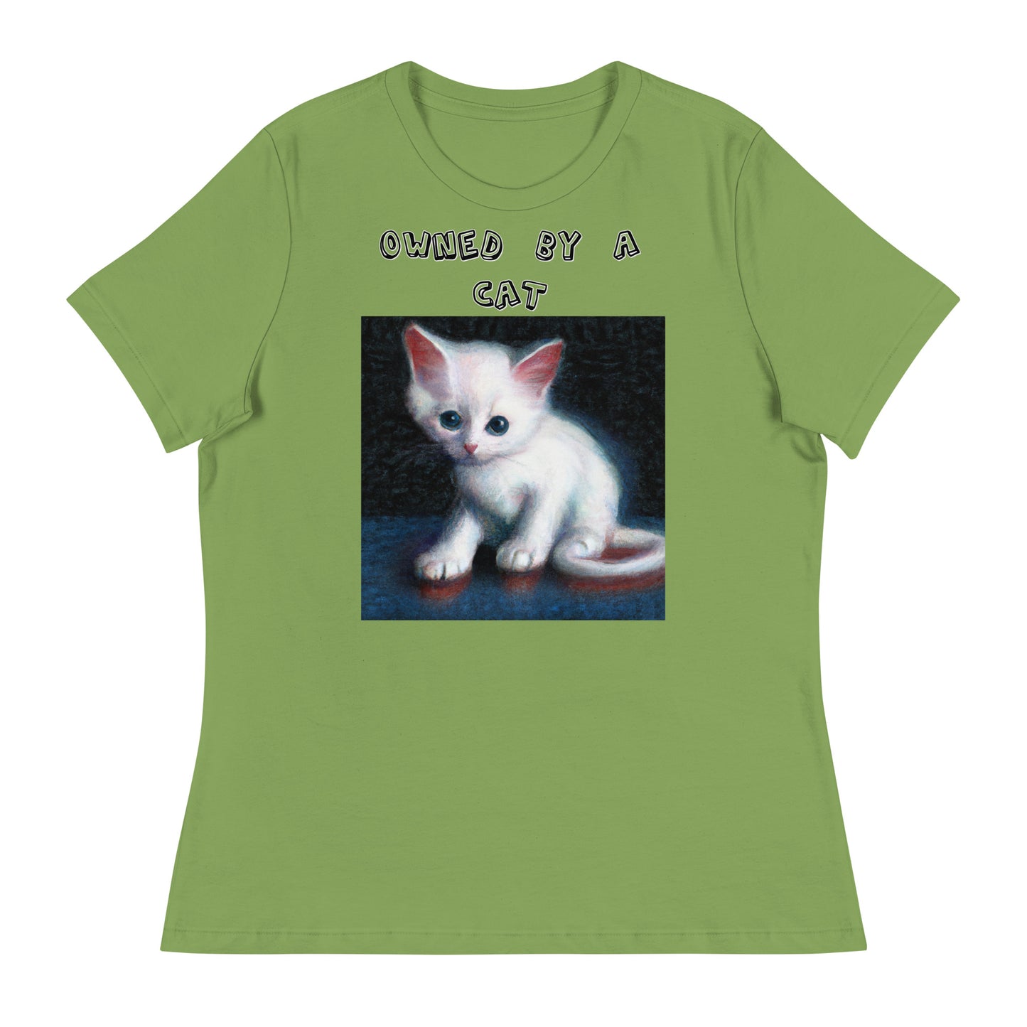 Women's White T-Shirt with Little Kitten with a text "Owned by a Cat" at $25.97 found at Personalizedpetlovergifts