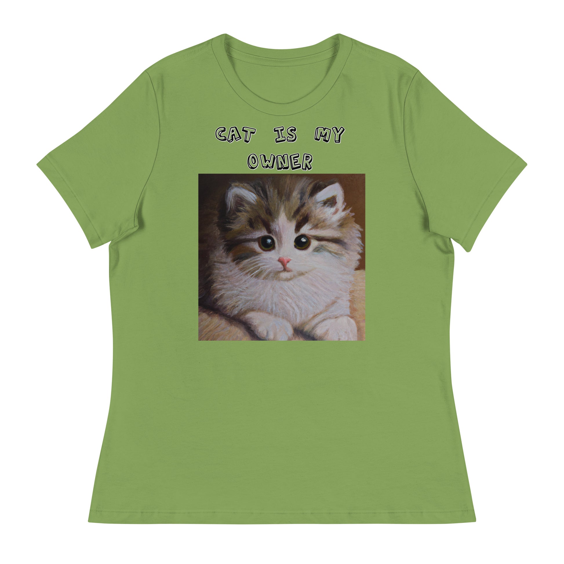 Women's White T-Shirt with Small Fluffy Kitten Painting with a text "Cat Is My Owner" at $25.97 found at Personalizedpetlovergifts