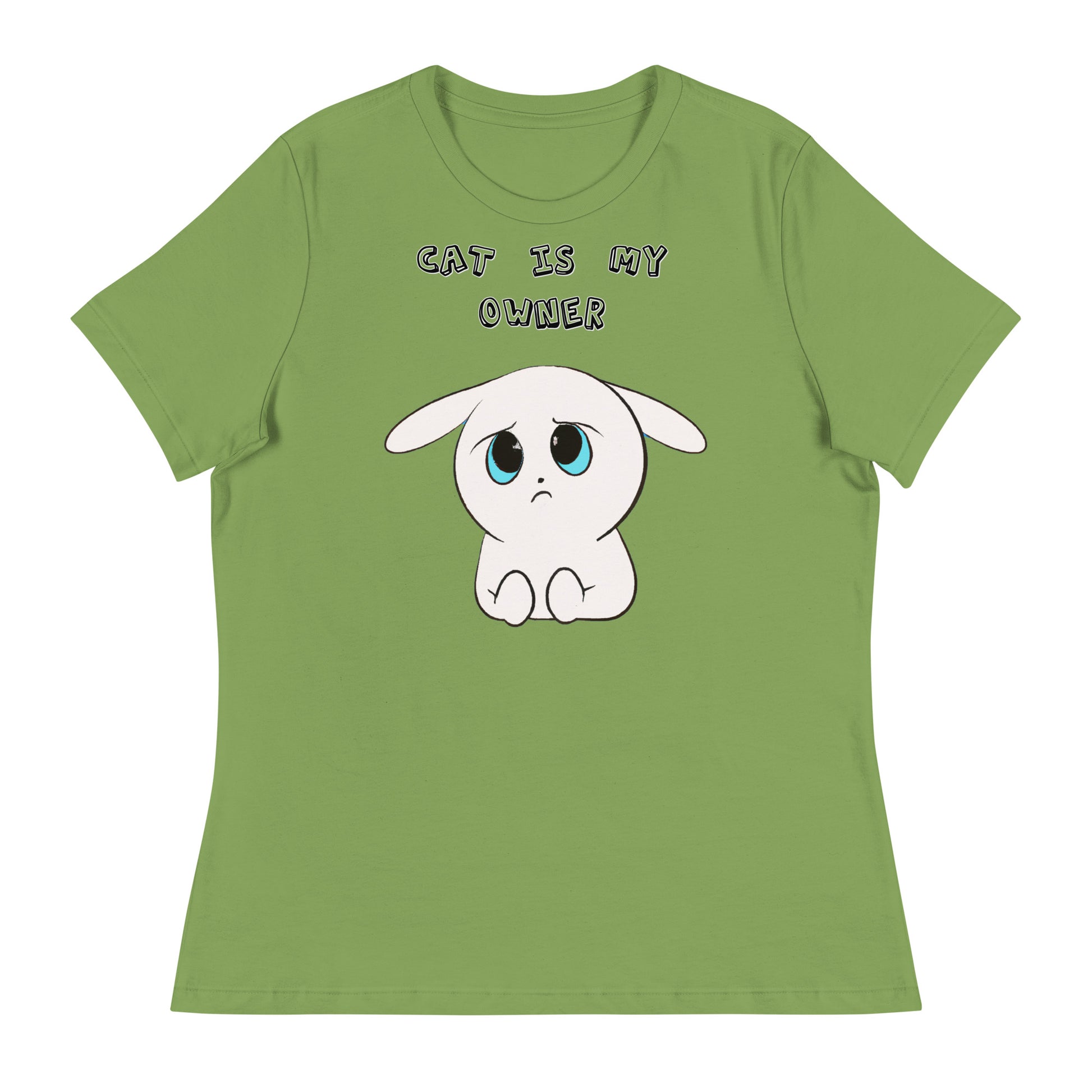 Women's T-Shirt with Sad White Kitten with a text "Cat Is My Owner" at $25.97 found at Personalizedpetlovergifts