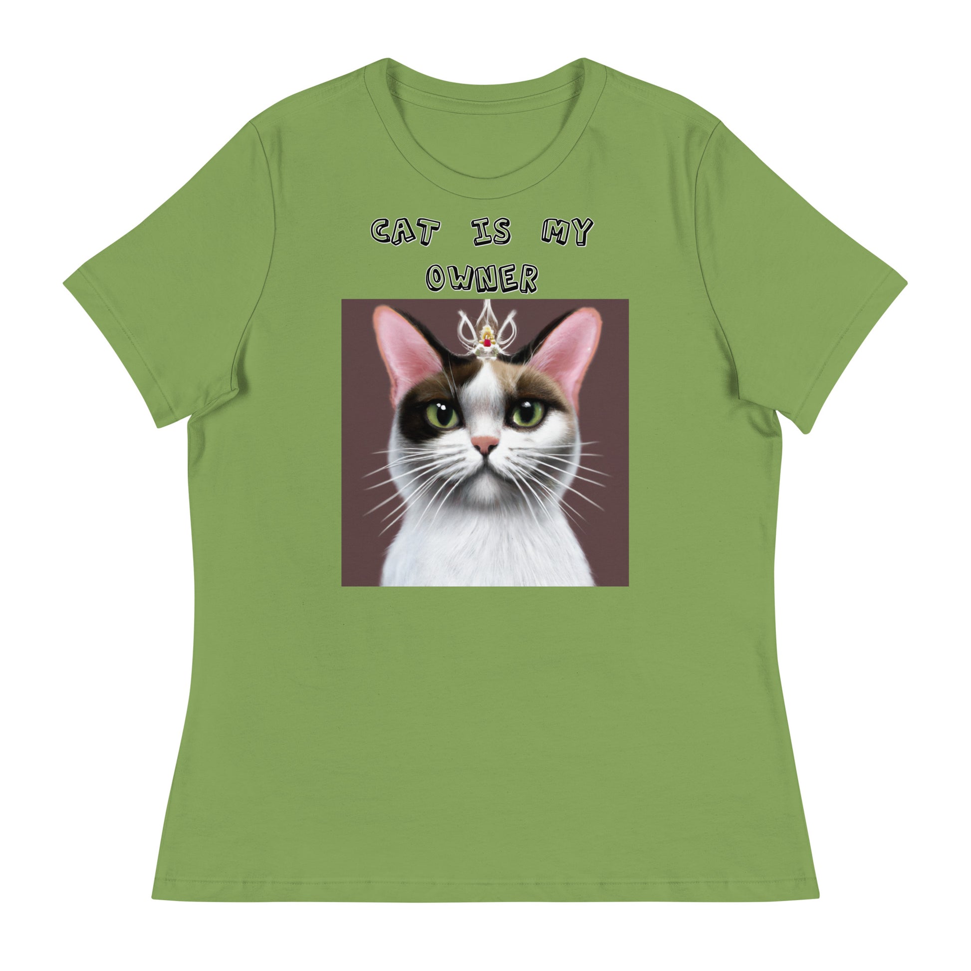 Women's White T-Shirt with Princess Cat With a Tiara with a text "Cat Is My Owner" at $25.97 found at Personalizedpetlovergifts