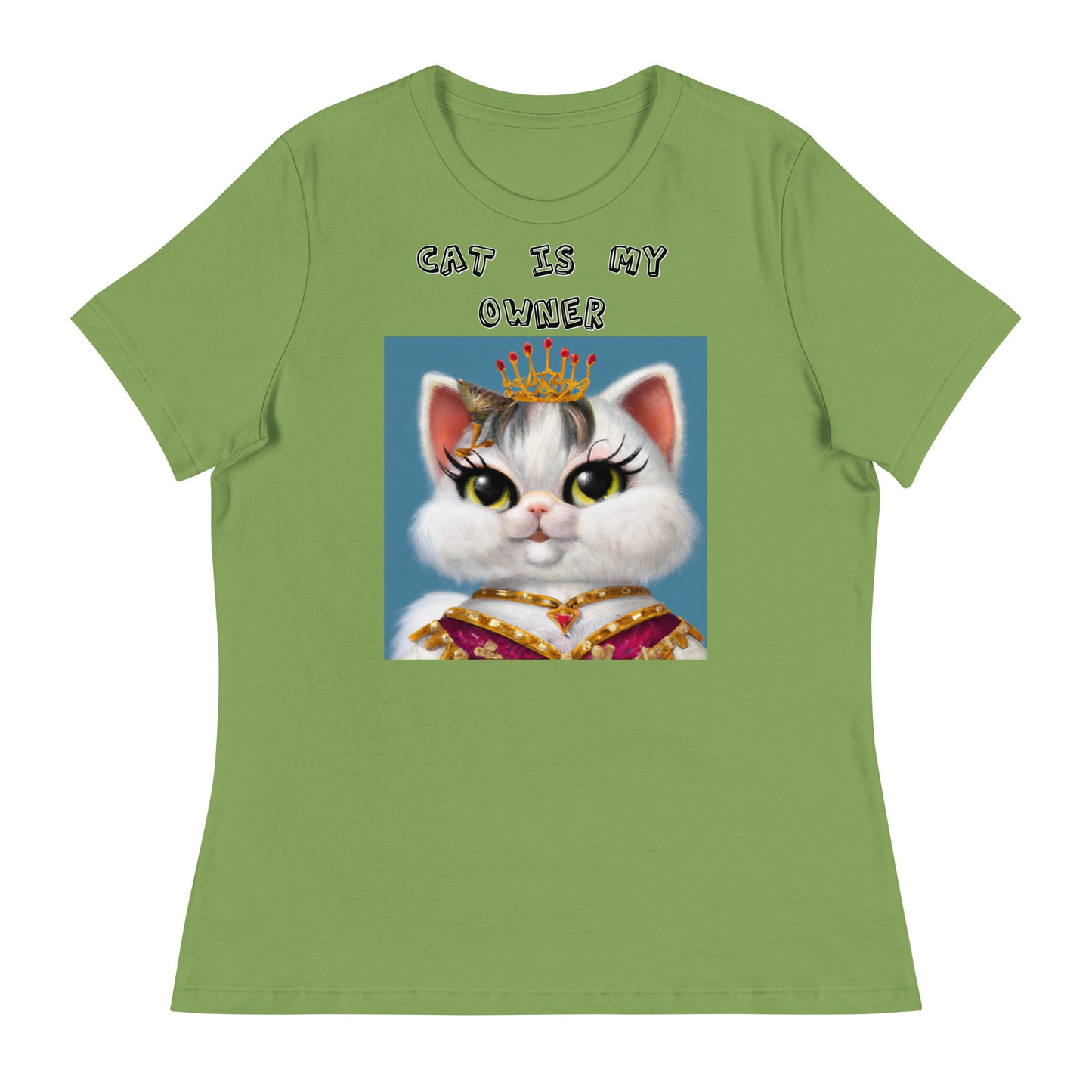 Women's White T-Shirt with Pretty Queen Cat with a text "Cat Is My Owner" at $25.97 found at Personalizedpetlovergifts