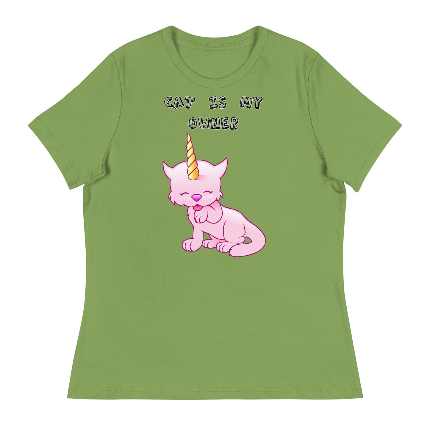 Women's White T-Shirt with Pink Unicorn Cat Licking Its Paw with a text "Cat Is My Owner" at $25.97 found at Personalizedpetlovergifts