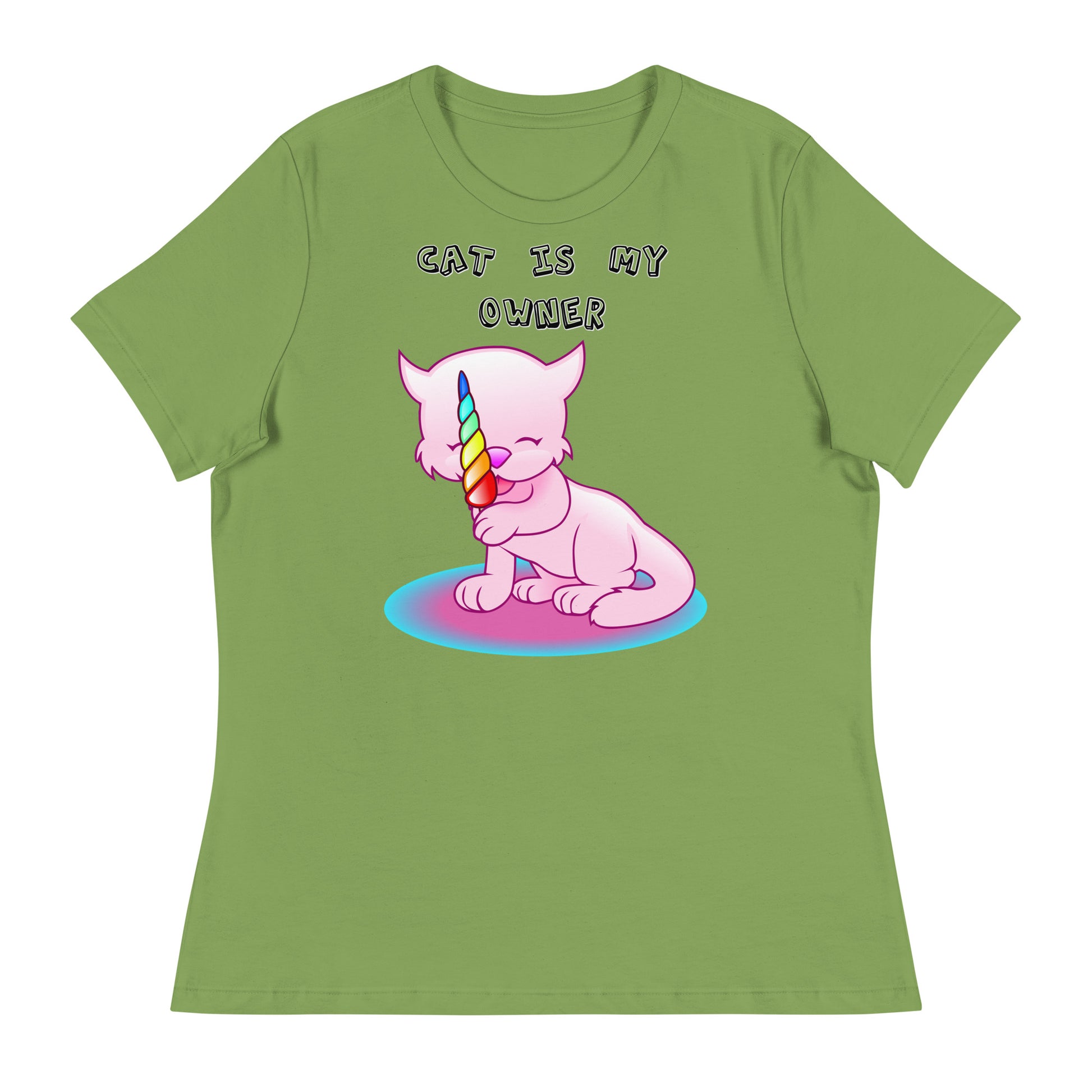 Women's White T-Shirt with Pink Kitten Licking Candy with a text "Cat Is My Owner" at $25.97 found at Personalizedpetlovergifts