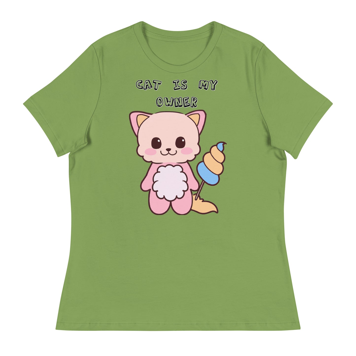 Women's White T-Shirt with Pink Kitten Holding a Cotton Candy with a text "Cat Is My Owner" at $25.97 found at Personalizedpetlovergifts